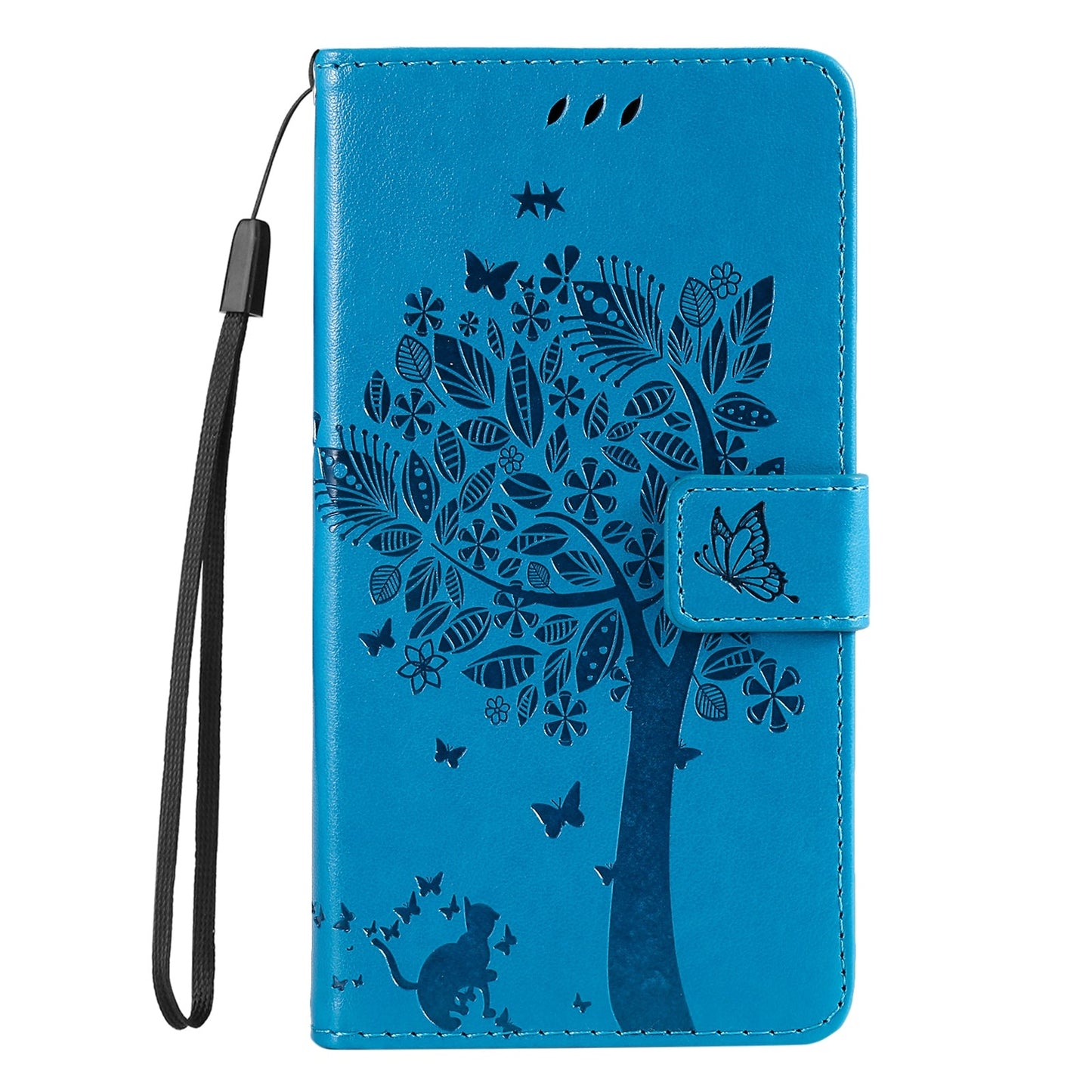 For iPhone 16e Tree & Cat Embossed Pattern Flip Leather Phone Case(Blue)