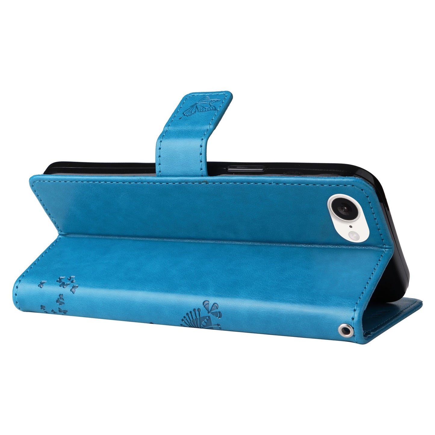 For iPhone 16e Tree & Cat Embossed Pattern Flip Leather Phone Case(Blue)