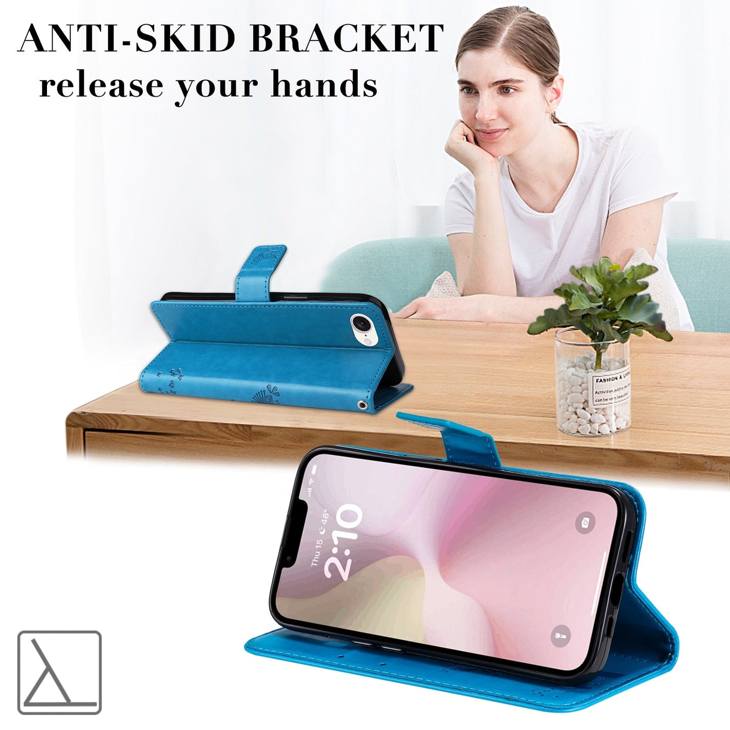 For iPhone 16e Tree & Cat Embossed Pattern Flip Leather Phone Case(Blue)