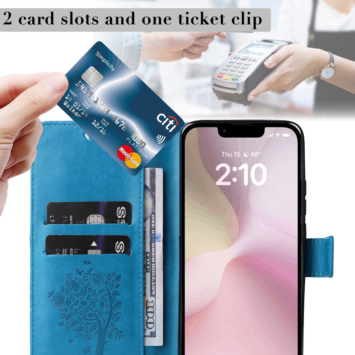 For iPhone 16e Tree & Cat Embossed Pattern Flip Leather Phone Case(Blue)