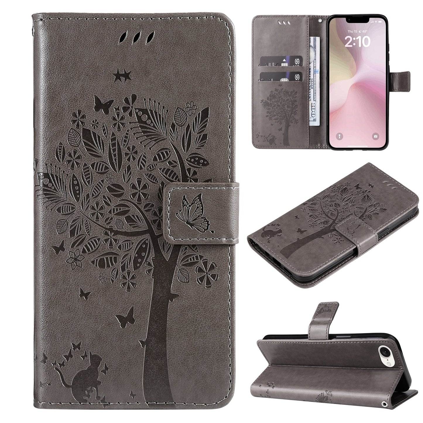 For iPhone 16e Tree & Cat Embossed Pattern Flip Leather Phone Case(Grey)