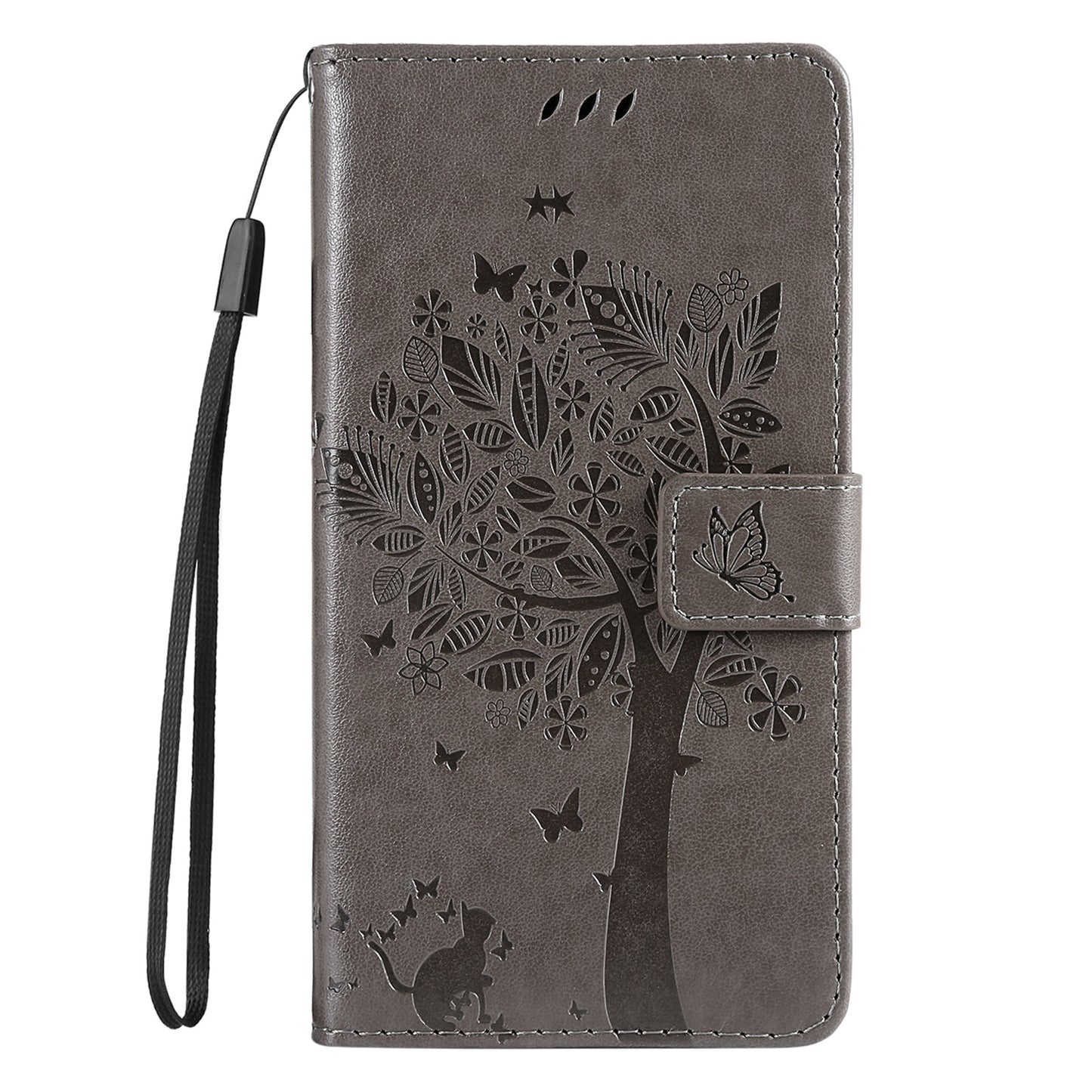 For iPhone 16e Tree & Cat Embossed Pattern Flip Leather Phone Case(Grey)