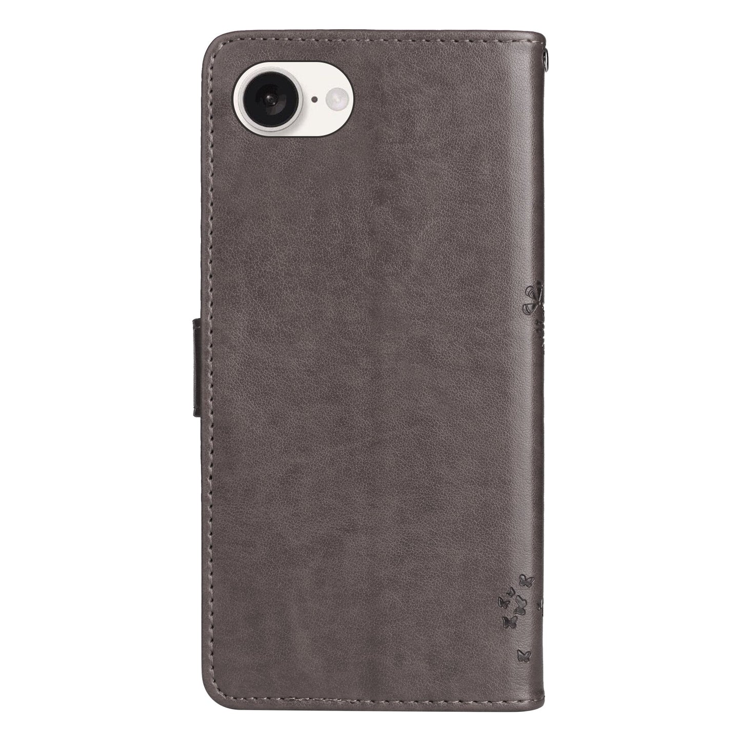 For iPhone 16e Tree & Cat Embossed Pattern Flip Leather Phone Case(Grey)