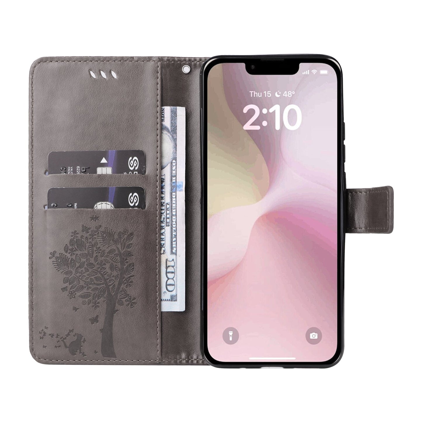 For iPhone 16e Tree & Cat Embossed Pattern Flip Leather Phone Case(Grey)