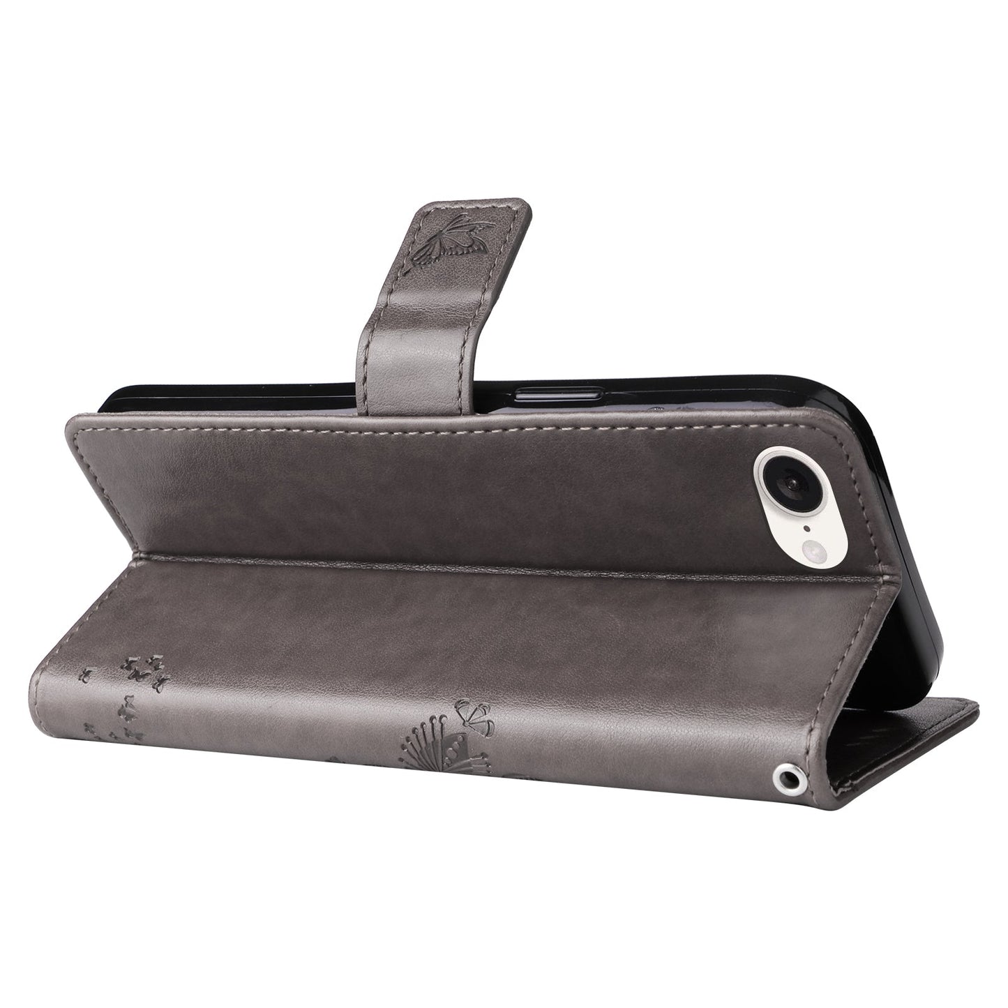 For iPhone 16e Tree & Cat Embossed Pattern Flip Leather Phone Case(Grey)