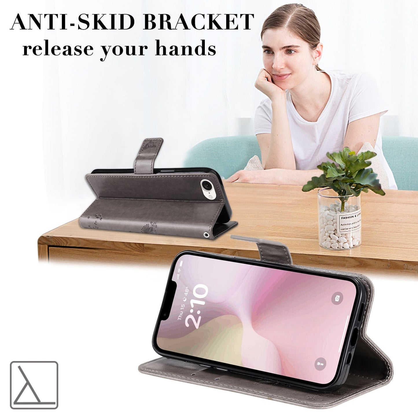 For iPhone 16e Tree & Cat Embossed Pattern Flip Leather Phone Case(Grey)