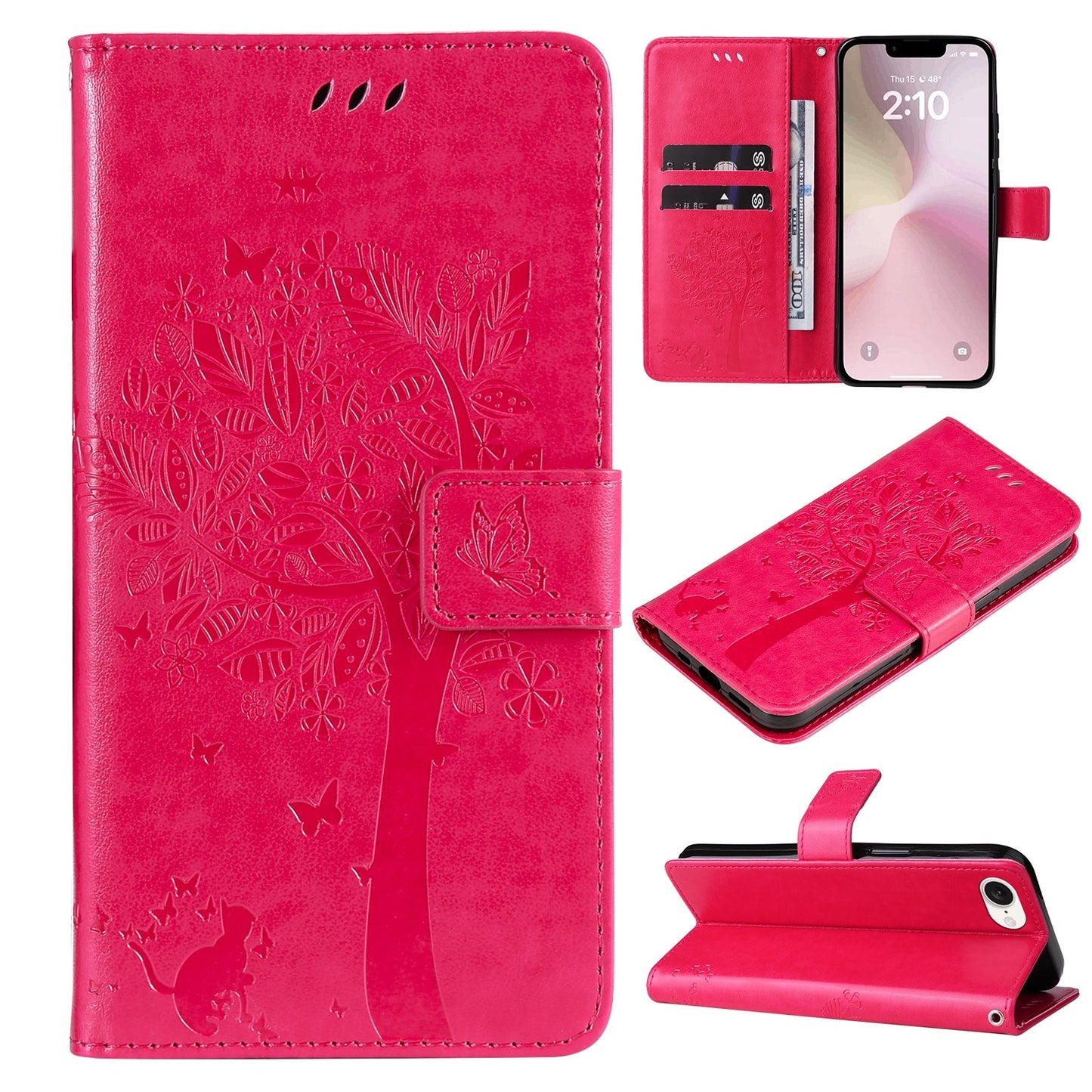 For iPhone 16e Tree & Cat Embossed Pattern Flip Leather Phone Case(Rose Red)