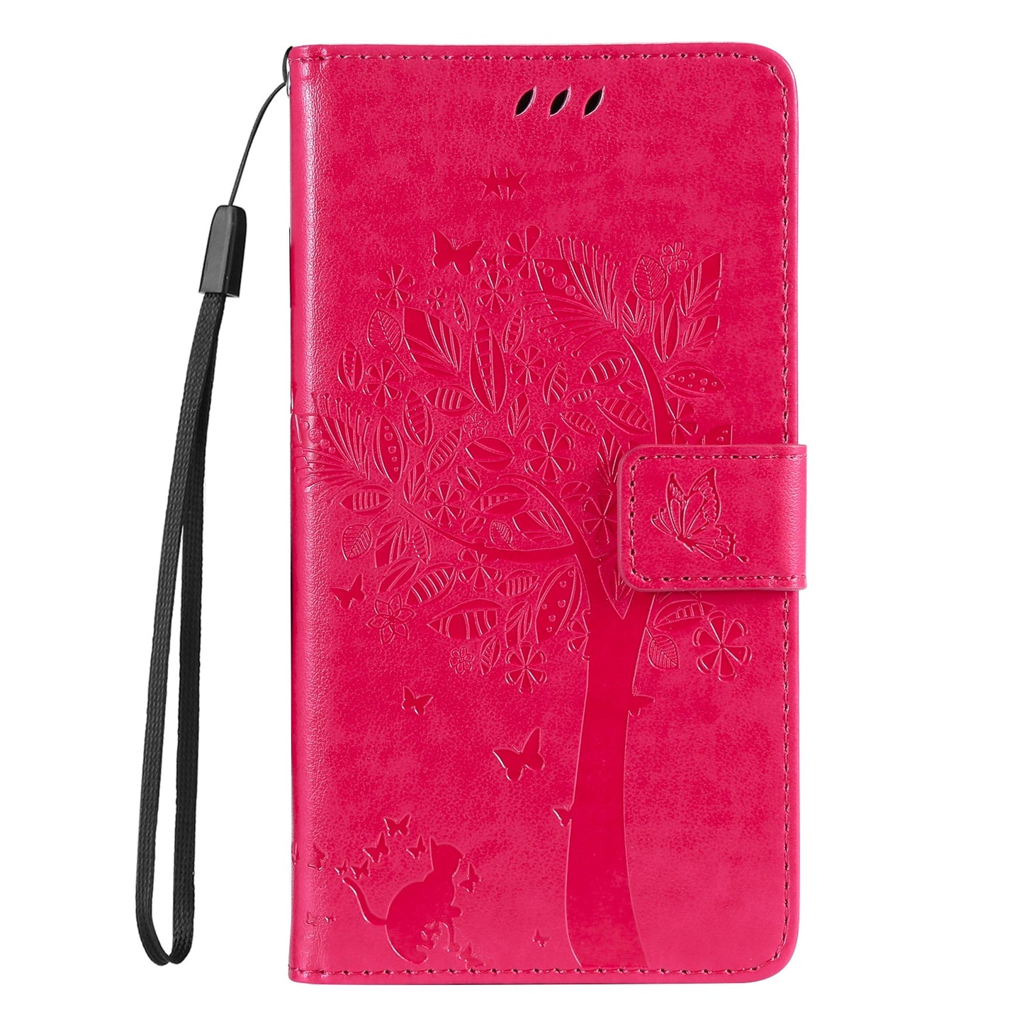For iPhone 16e Tree & Cat Embossed Pattern Flip Leather Phone Case(Rose Red)