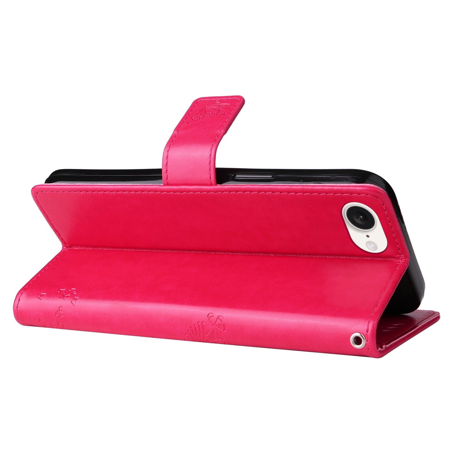 For iPhone 16e Tree & Cat Embossed Pattern Flip Leather Phone Case(Rose Red)