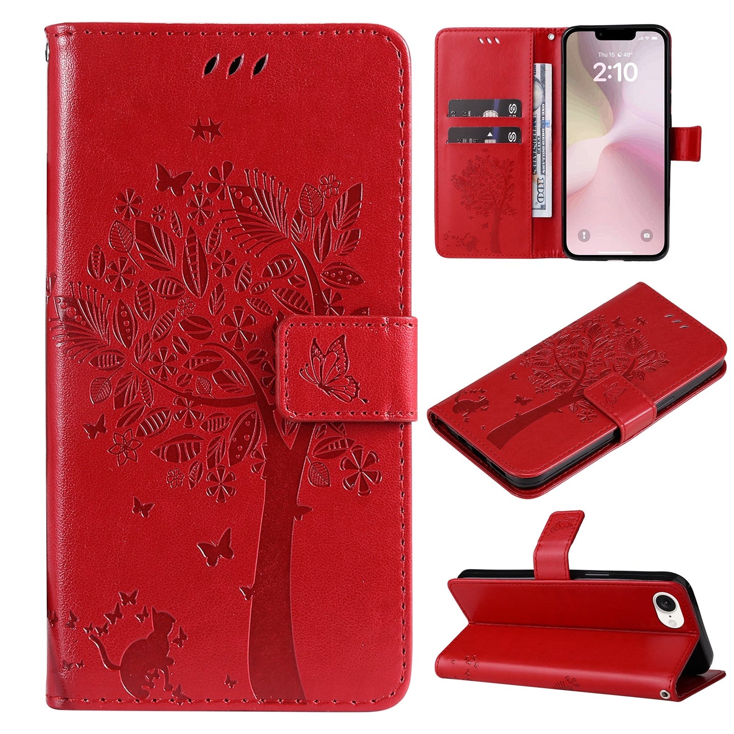 For iPhone 16e Tree & Cat Embossed Pattern Flip Leather Phone Case(Red)