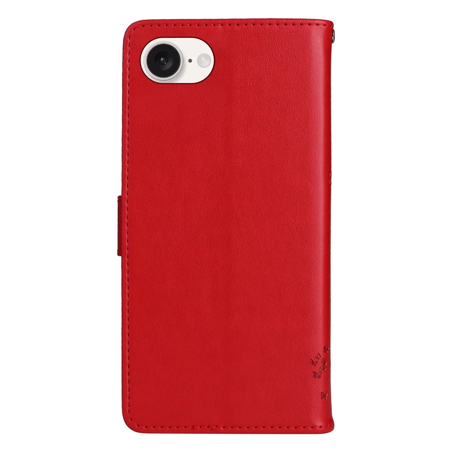 For iPhone 16e Tree & Cat Embossed Pattern Flip Leather Phone Case(Red)