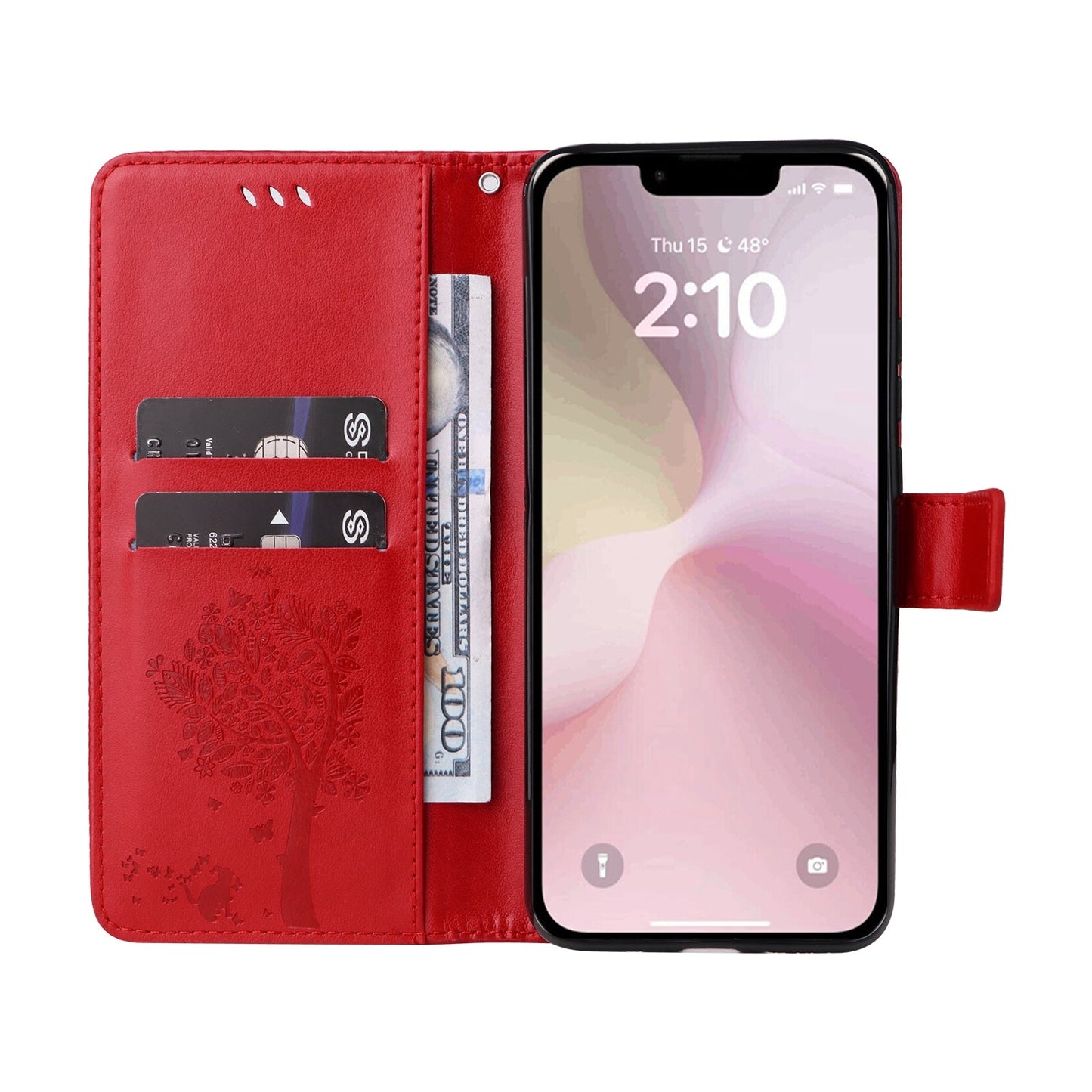 For iPhone 16e Tree & Cat Embossed Pattern Flip Leather Phone Case(Red)