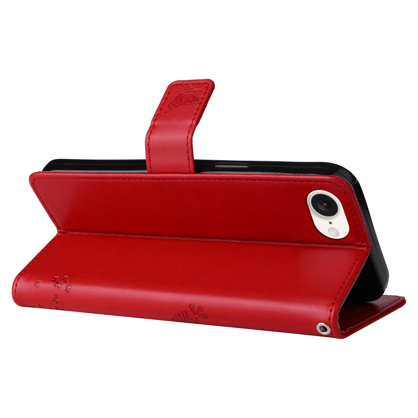 For iPhone 16e Tree & Cat Embossed Pattern Flip Leather Phone Case(Red)