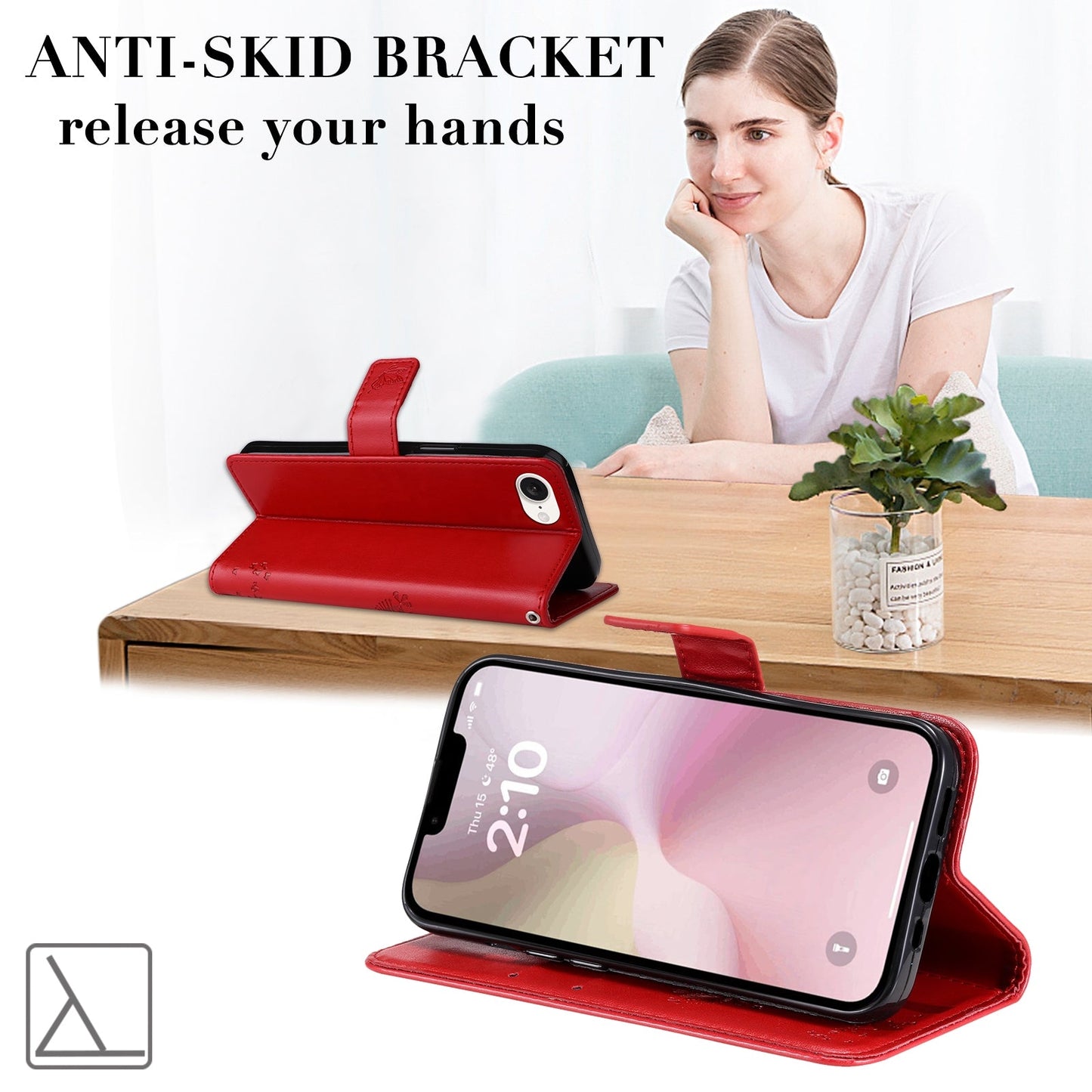 For iPhone 16e Tree & Cat Embossed Pattern Flip Leather Phone Case(Red)