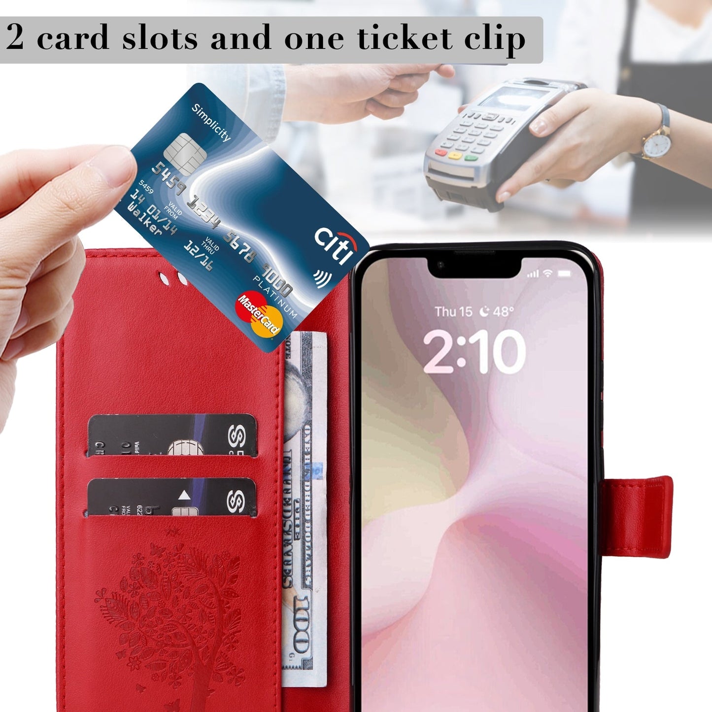 For iPhone 16e Tree & Cat Embossed Pattern Flip Leather Phone Case(Red)