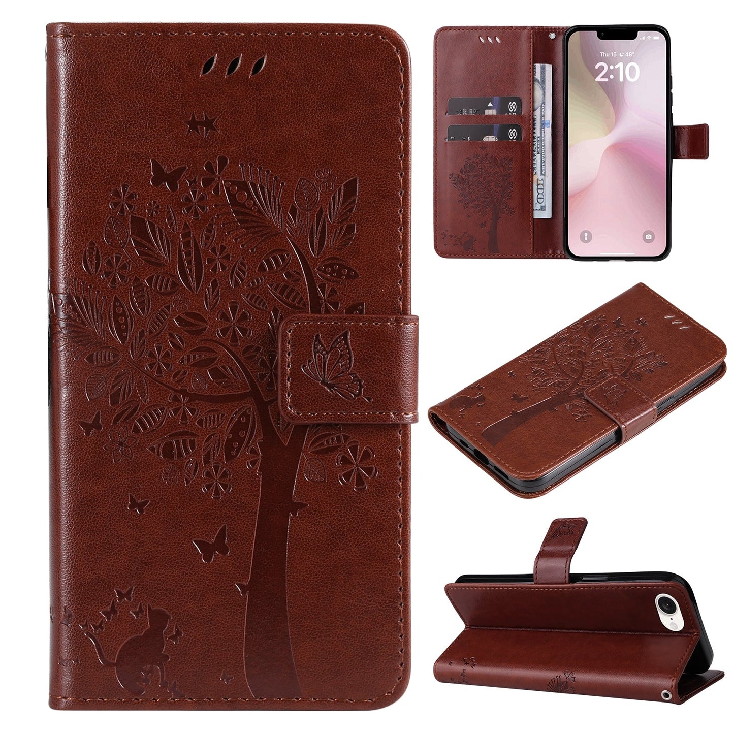 For iPhone 16e Tree & Cat Embossed Pattern Flip Leather Phone Case(Coffee)