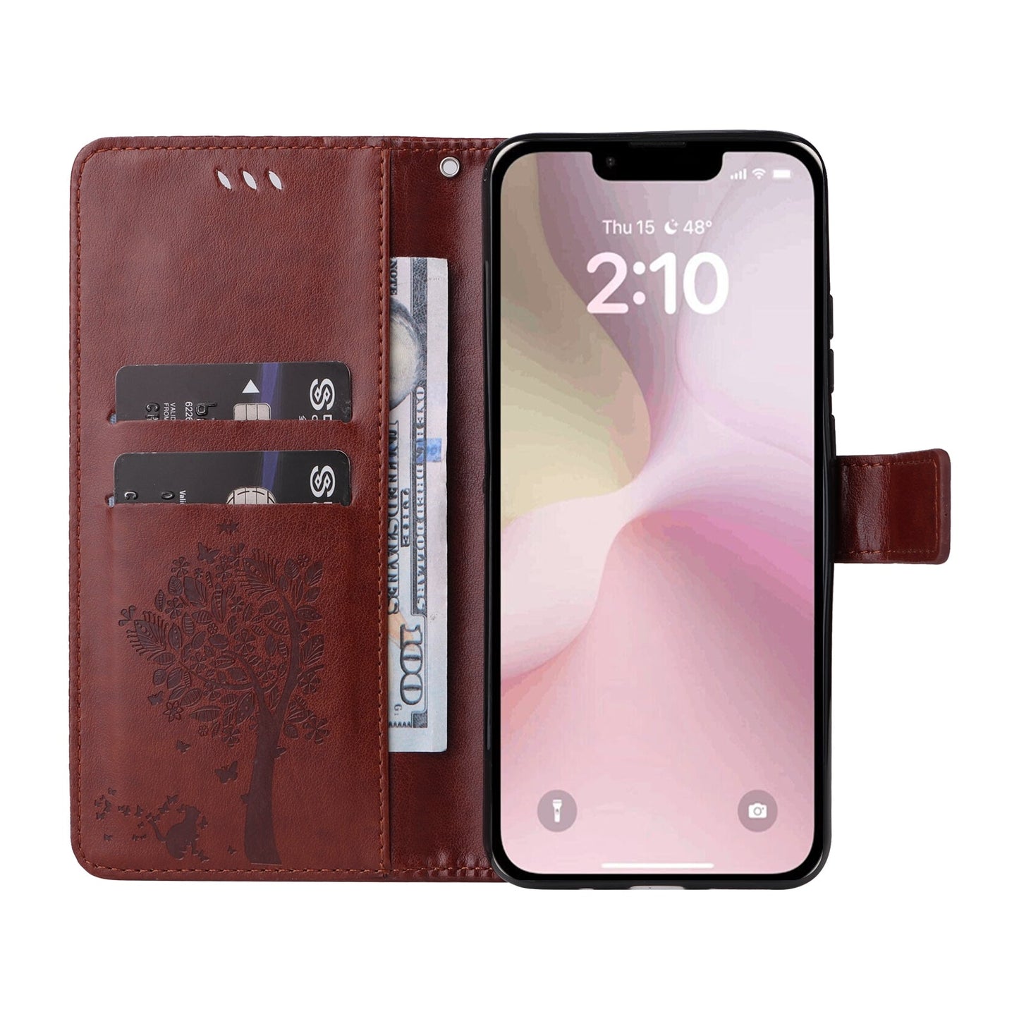 For iPhone 16e Tree & Cat Embossed Pattern Flip Leather Phone Case(Coffee)