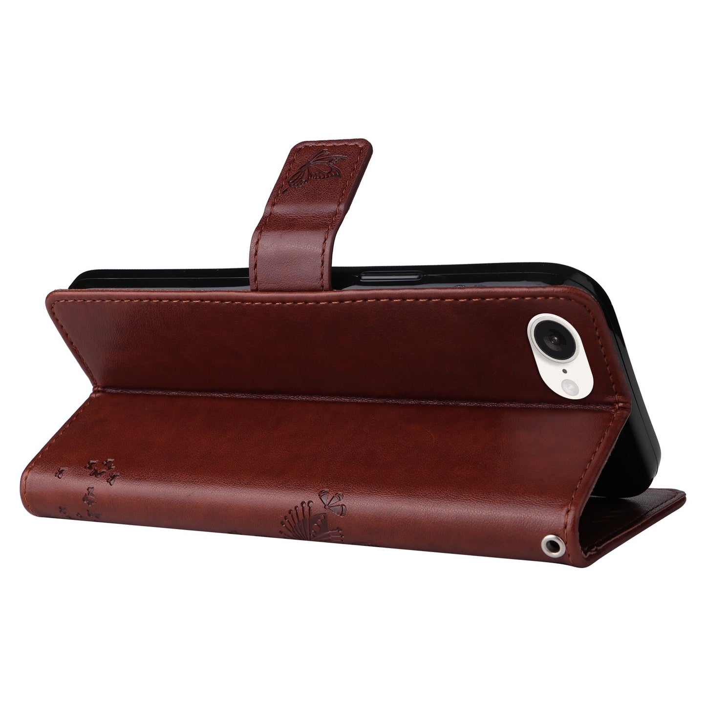 For iPhone 16e Tree & Cat Embossed Pattern Flip Leather Phone Case(Coffee)