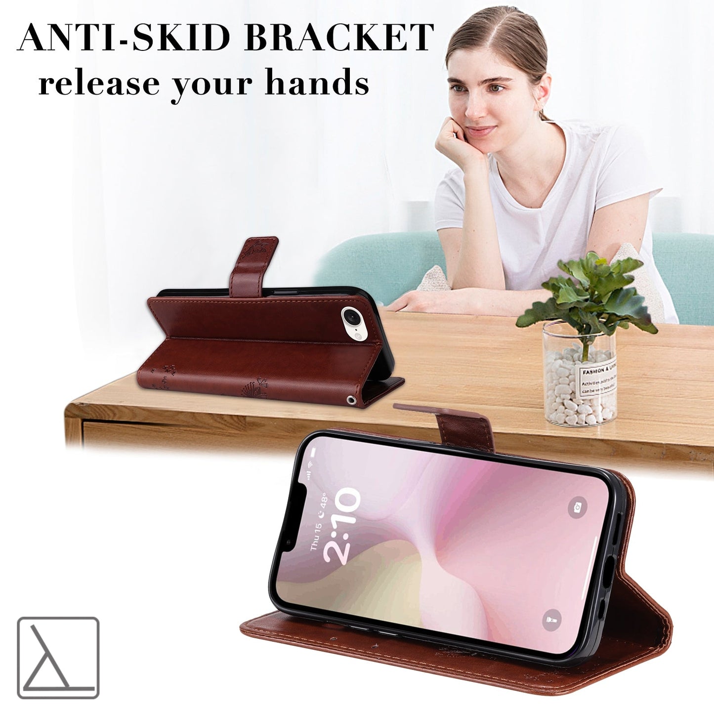 For iPhone 16e Tree & Cat Embossed Pattern Flip Leather Phone Case(Coffee)