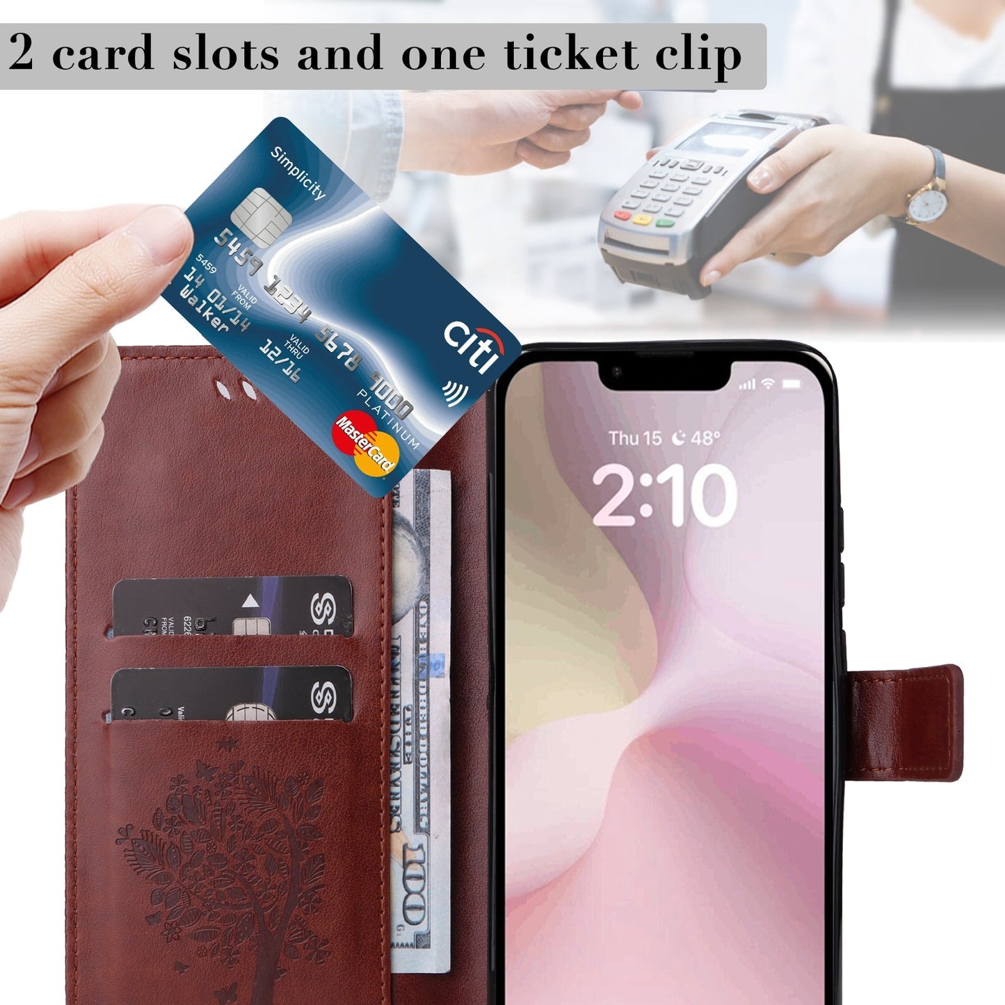 For iPhone 16e Tree & Cat Embossed Pattern Flip Leather Phone Case(Coffee)