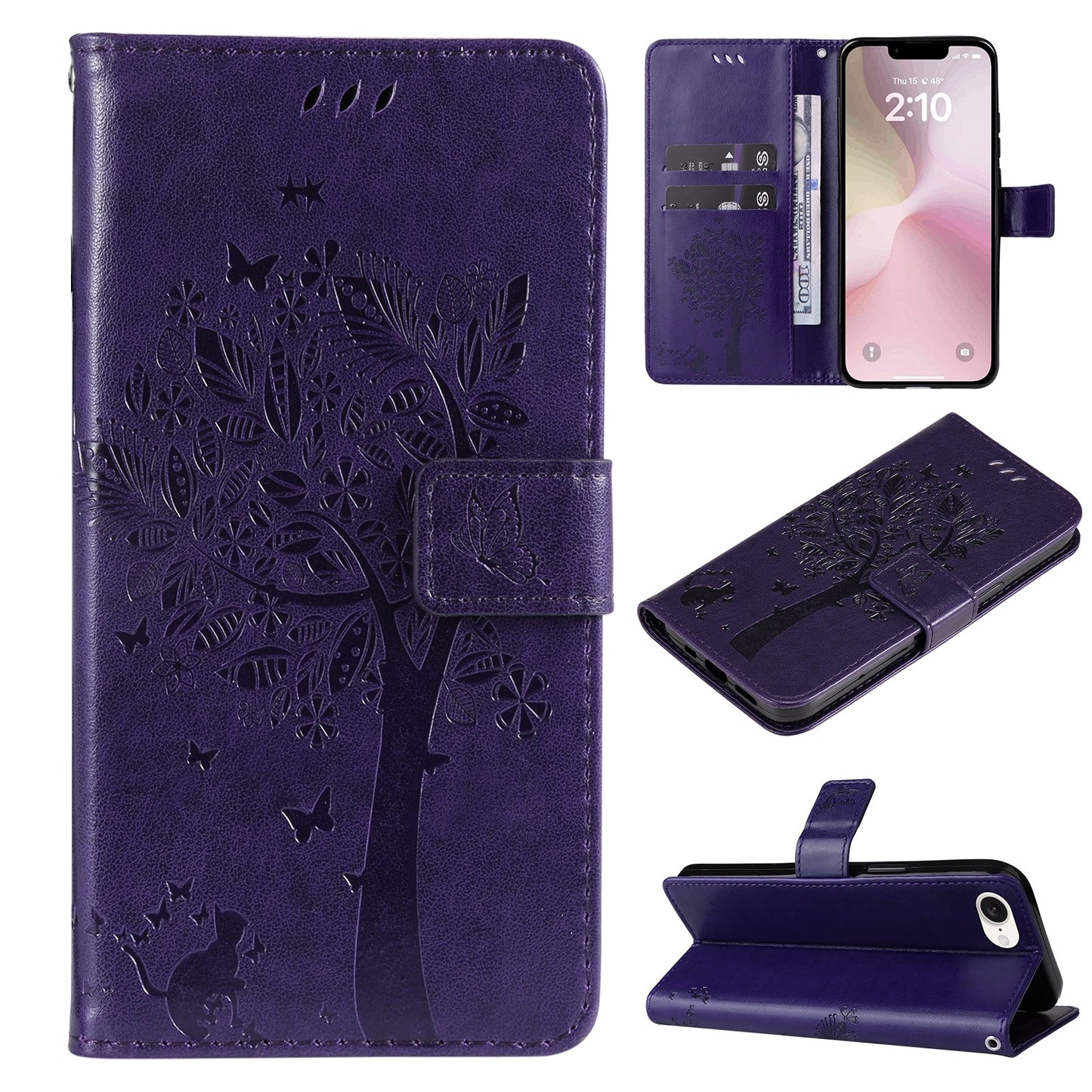 For iPhone 16e Tree & Cat Embossed Pattern Flip Leather Phone Case(Purple)