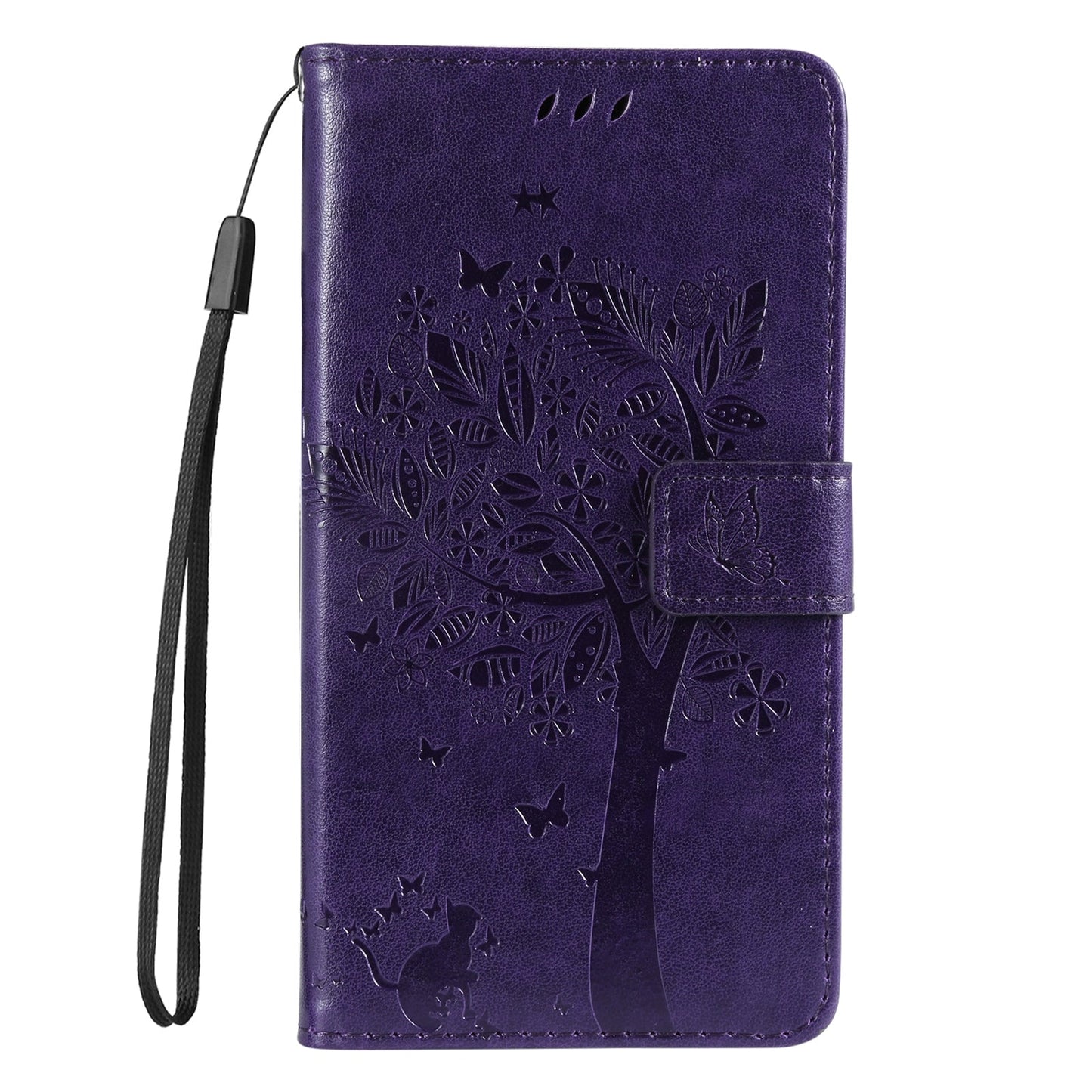 For iPhone 16e Tree & Cat Embossed Pattern Flip Leather Phone Case(Purple)