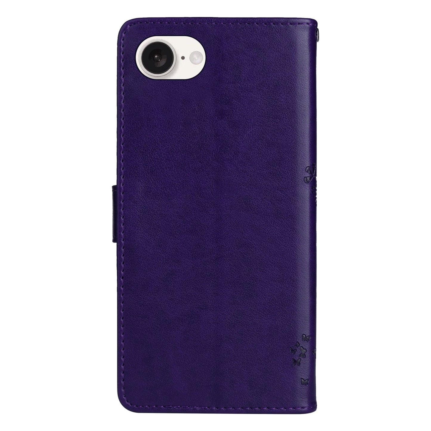 For iPhone 16e Tree & Cat Embossed Pattern Flip Leather Phone Case(Purple)