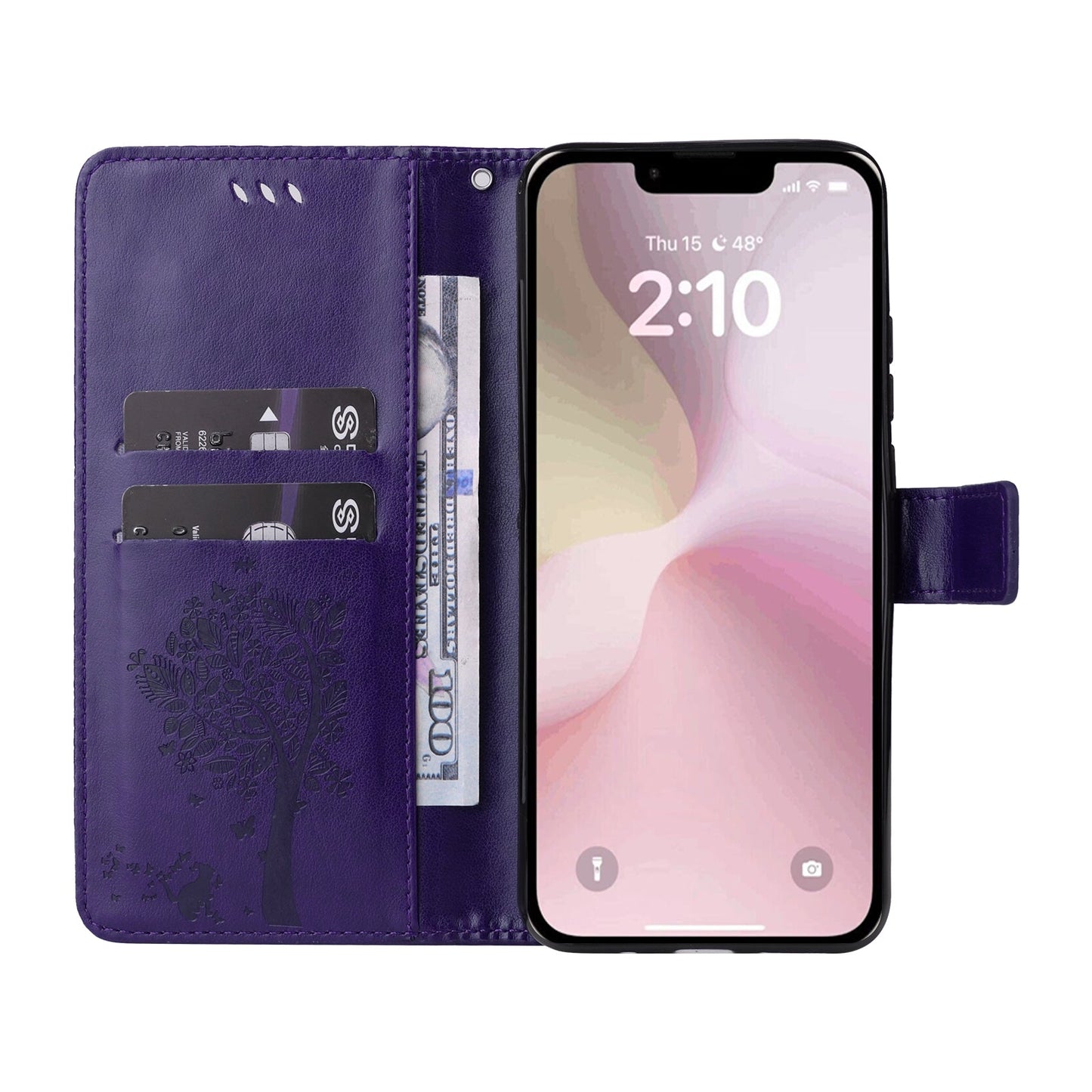 For iPhone 16e Tree & Cat Embossed Pattern Flip Leather Phone Case(Purple)