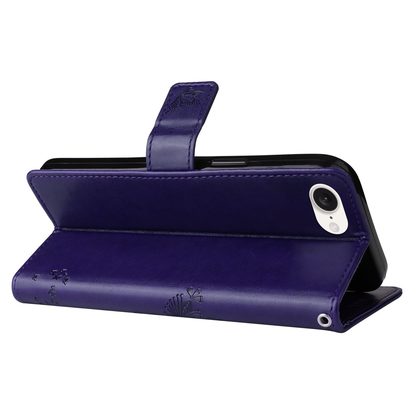 For iPhone 16e Tree & Cat Embossed Pattern Flip Leather Phone Case(Purple)