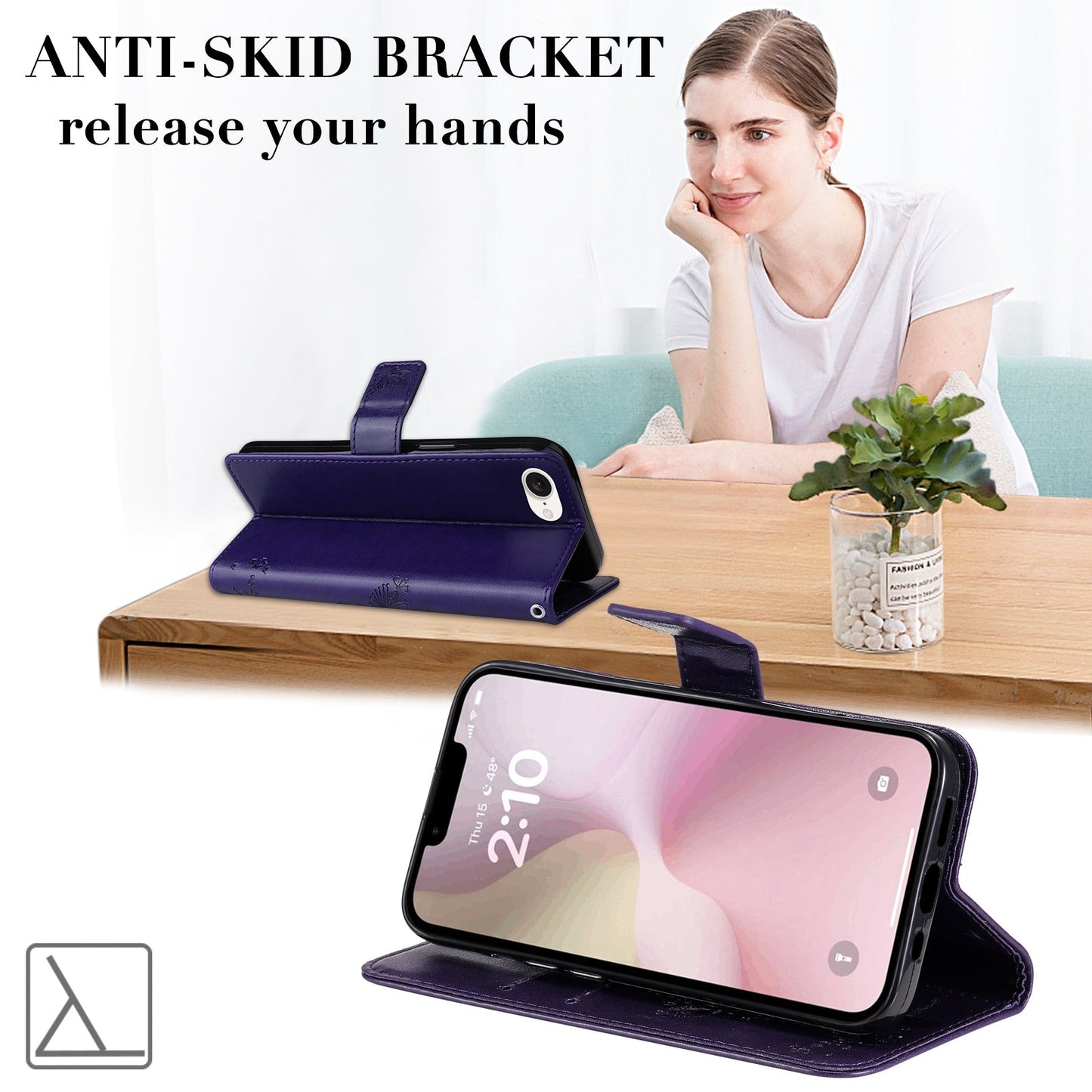 For iPhone 16e Tree & Cat Embossed Pattern Flip Leather Phone Case(Purple)