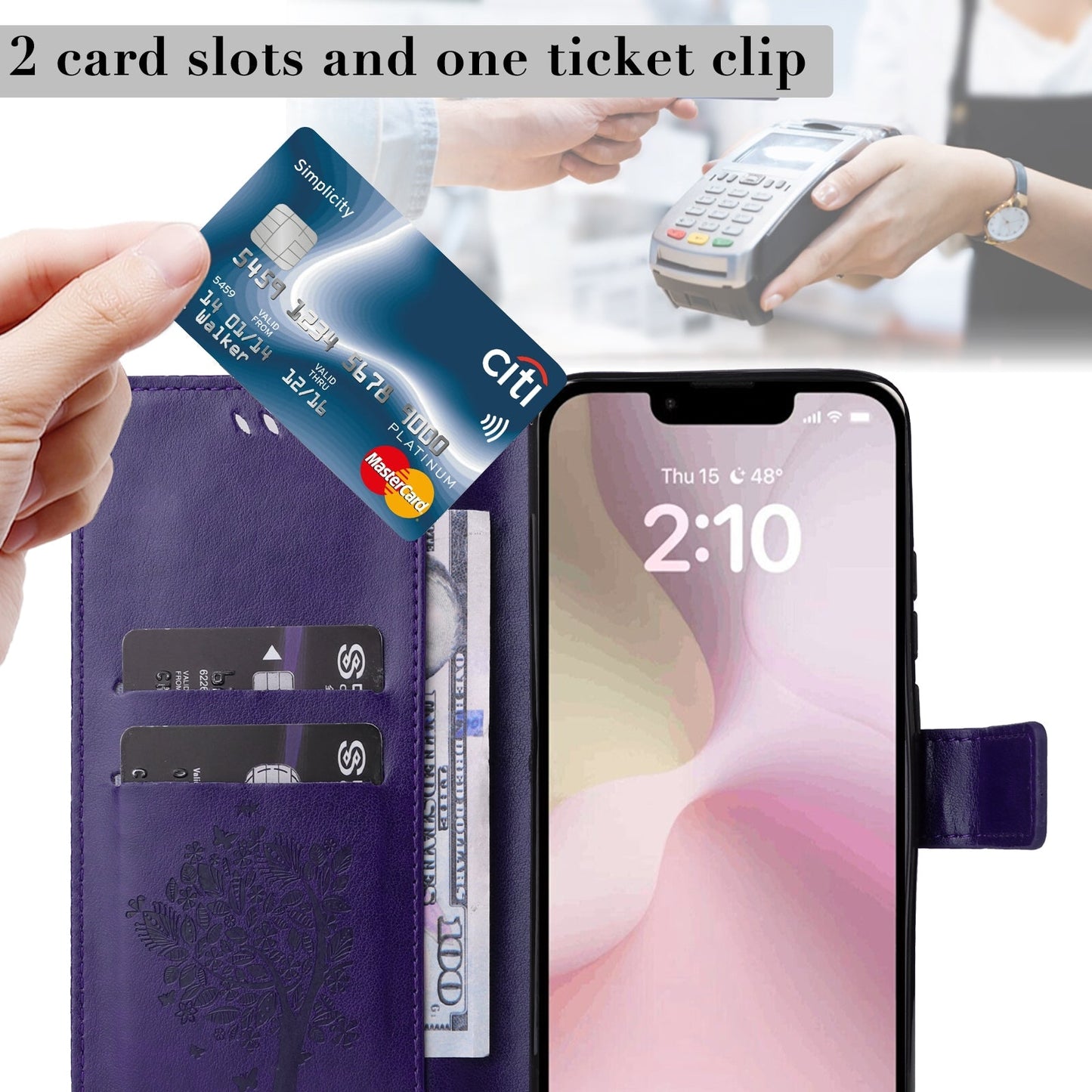 For iPhone 16e Tree & Cat Embossed Pattern Flip Leather Phone Case(Purple)