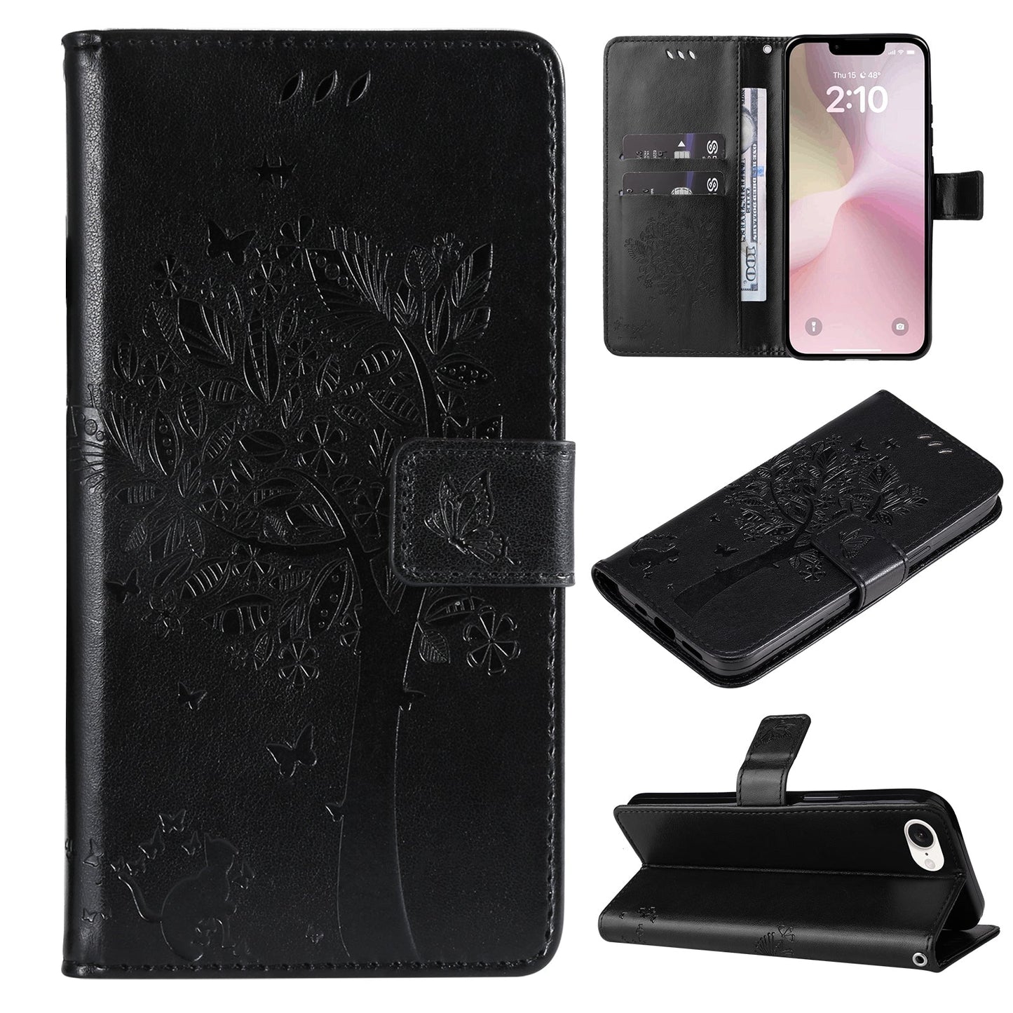 For iPhone 16e Tree & Cat Embossed Pattern Flip Leather Phone Case(Black)
