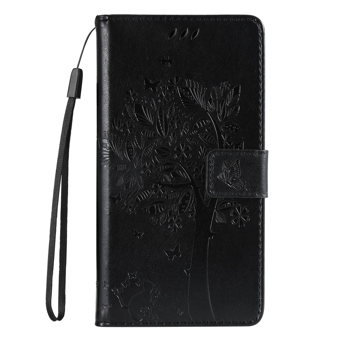 For iPhone 16e Tree & Cat Embossed Pattern Flip Leather Phone Case(Black)