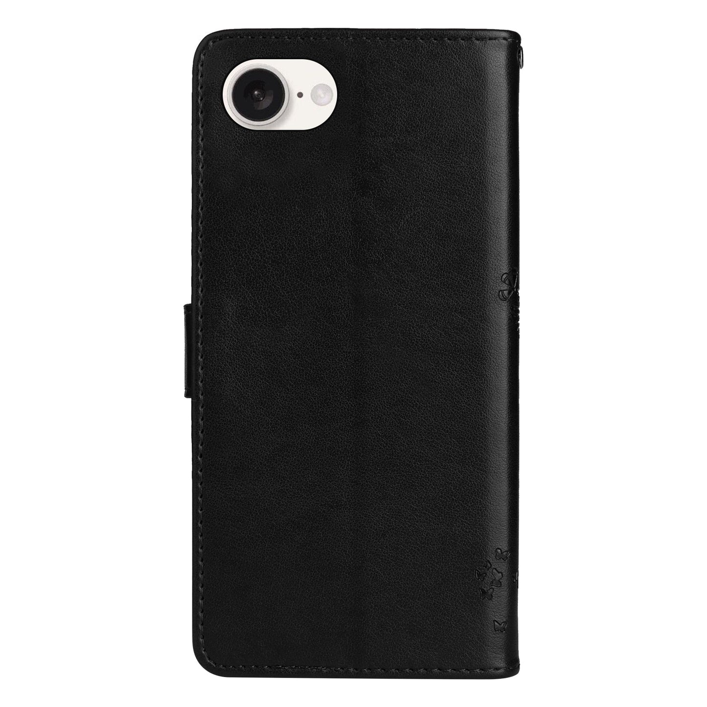 For iPhone 16e Tree & Cat Embossed Pattern Flip Leather Phone Case(Black)