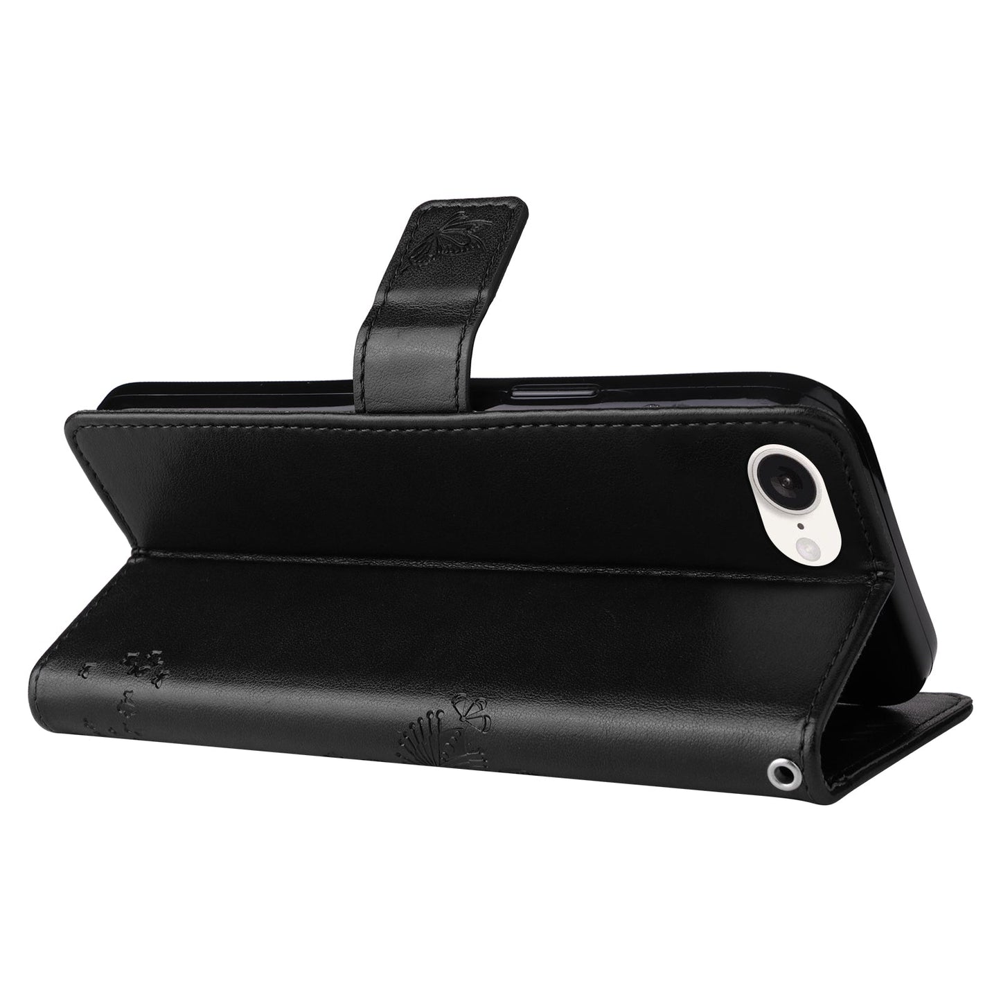 For iPhone 16e Tree & Cat Embossed Pattern Flip Leather Phone Case(Black)