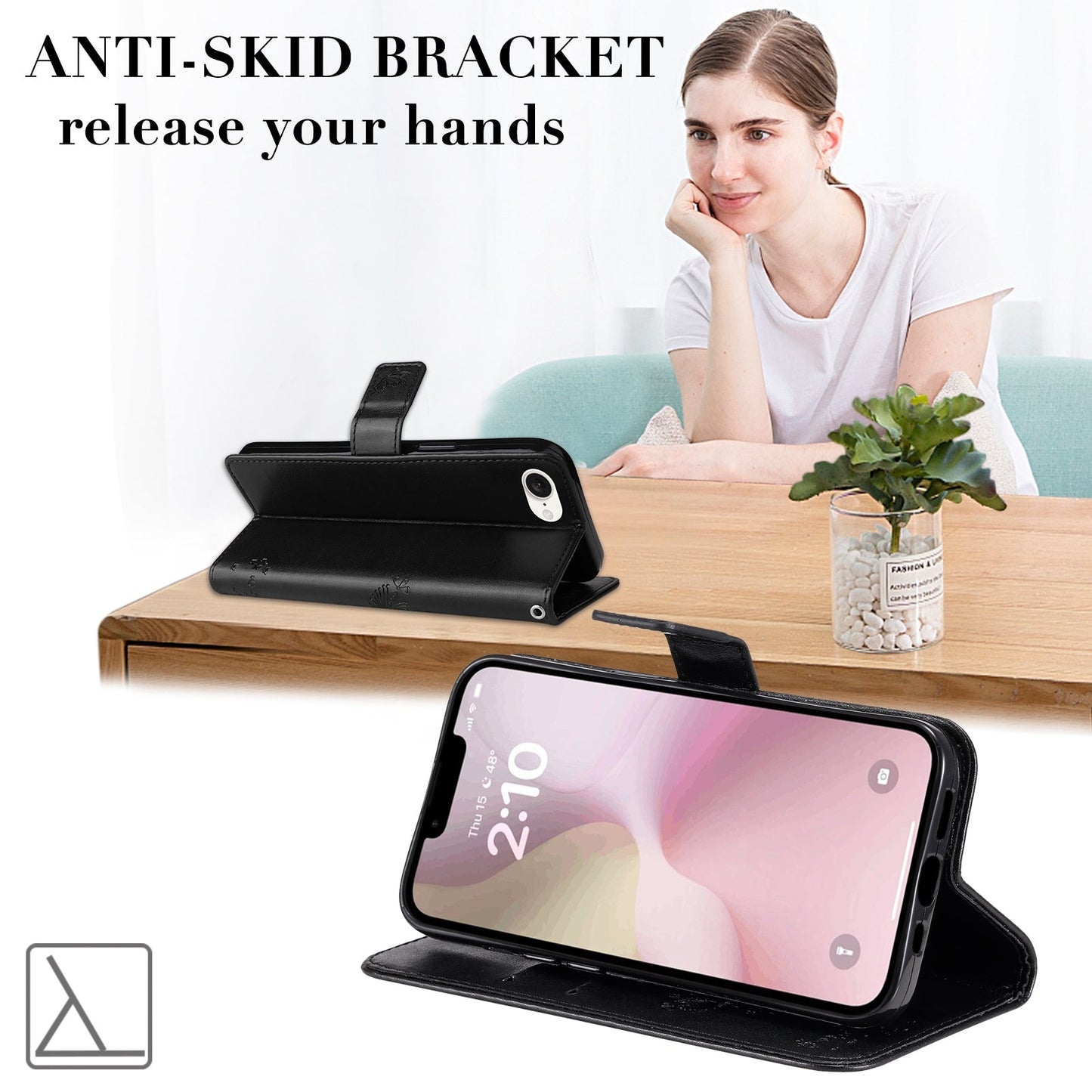 For iPhone 16e Tree & Cat Embossed Pattern Flip Leather Phone Case(Black)