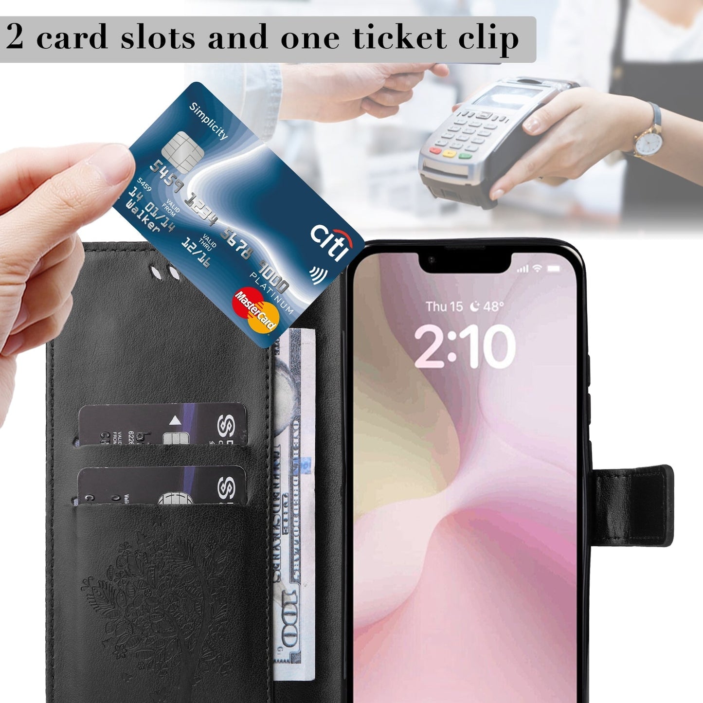 For iPhone 16e Tree & Cat Embossed Pattern Flip Leather Phone Case(Black)