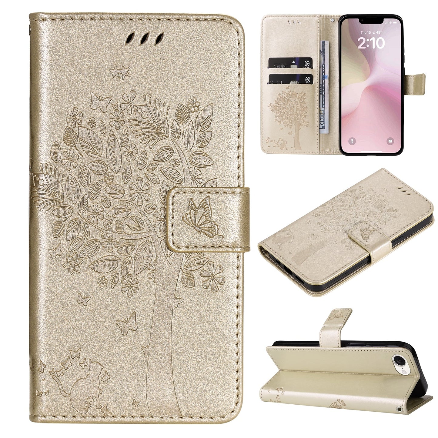 For iPhone 16e Tree & Cat Embossed Pattern Flip Leather Phone Case(Gold)
