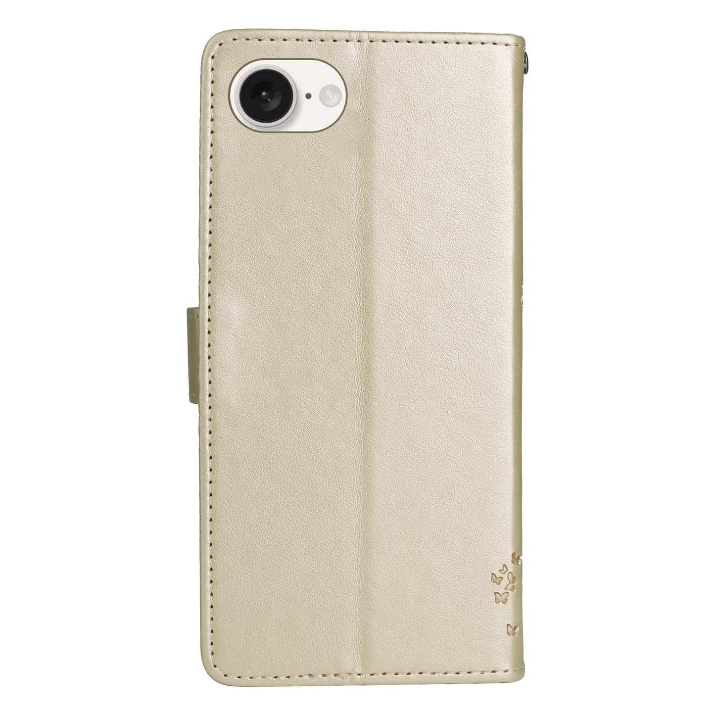 For iPhone 16e Tree & Cat Embossed Pattern Flip Leather Phone Case(Gold)
