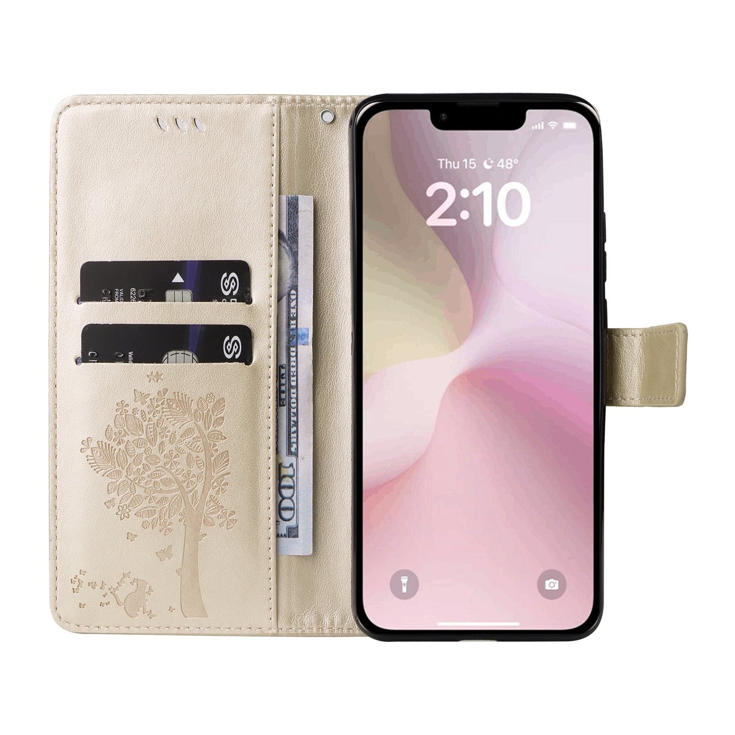 For iPhone 16e Tree & Cat Embossed Pattern Flip Leather Phone Case(Gold)