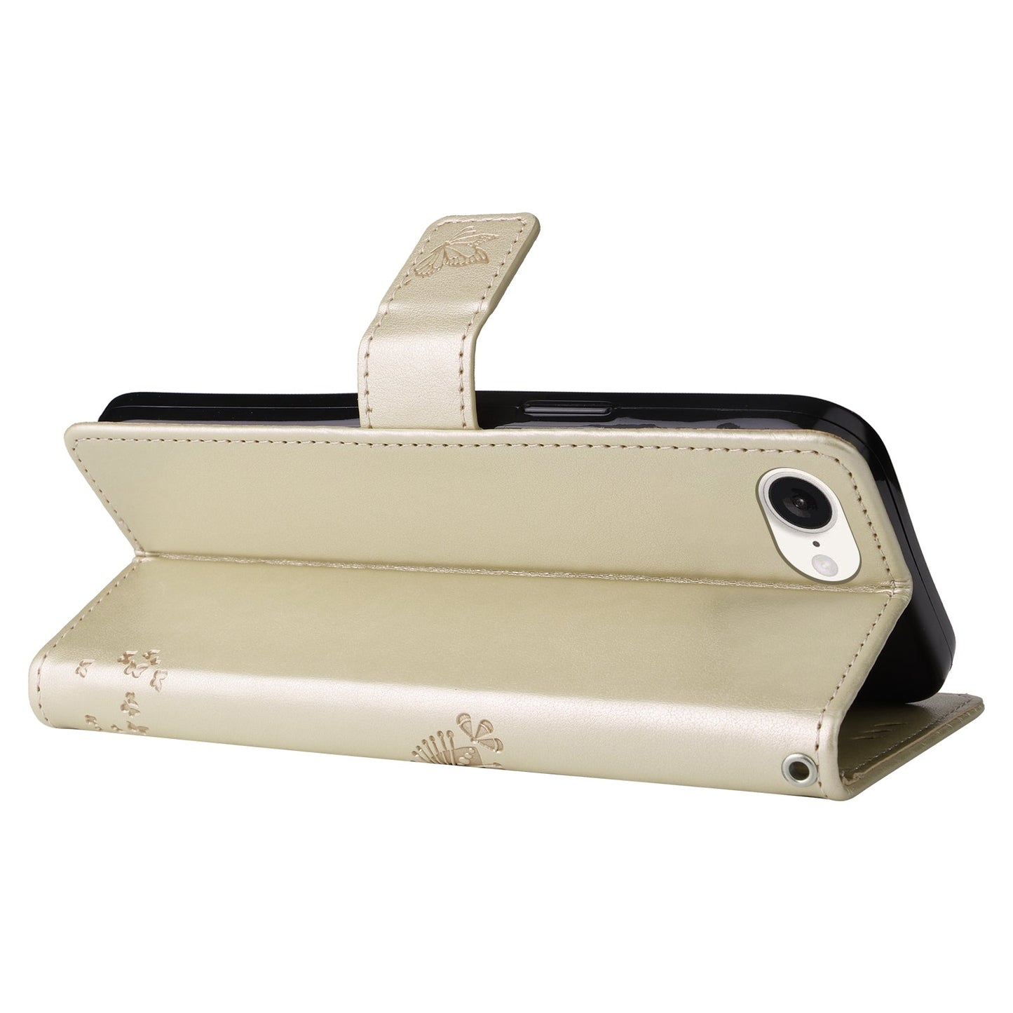 For iPhone 16e Tree & Cat Embossed Pattern Flip Leather Phone Case(Gold)