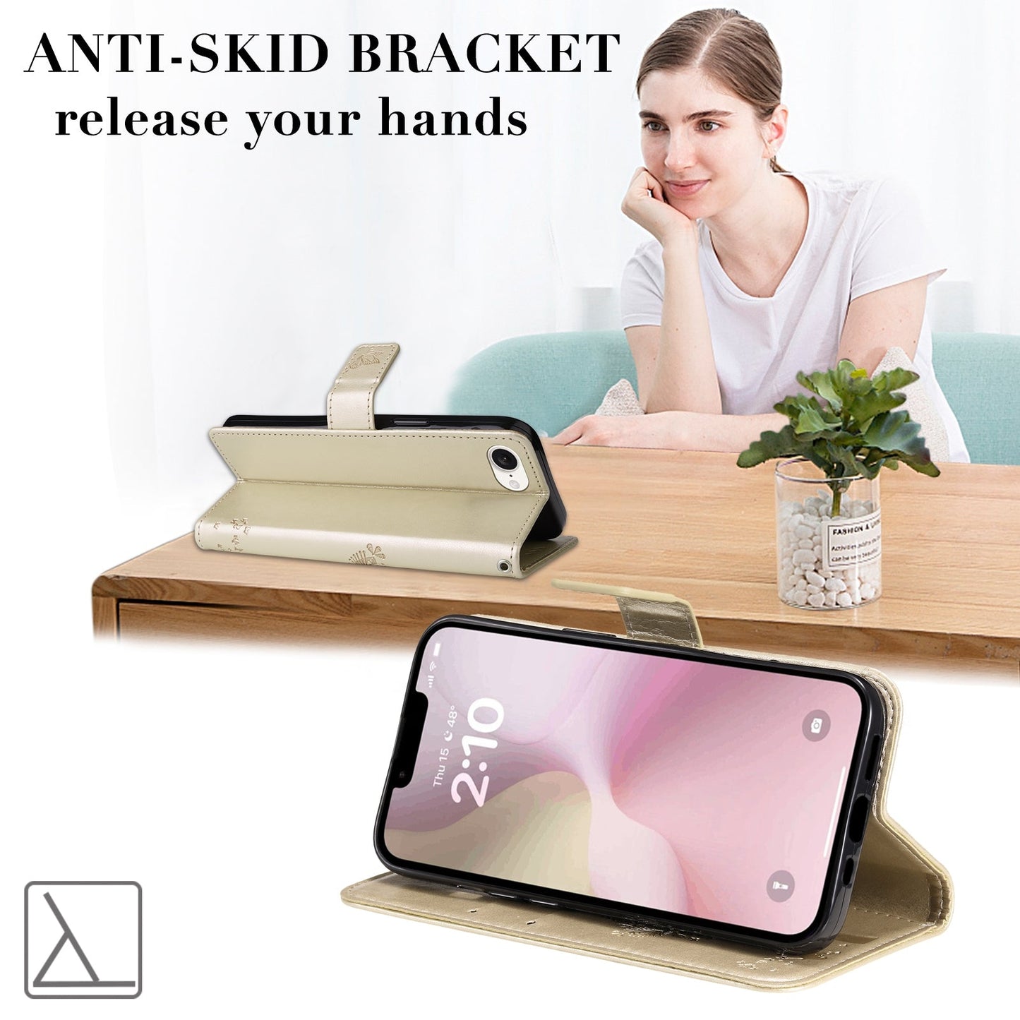 For iPhone 16e Tree & Cat Embossed Pattern Flip Leather Phone Case(Gold)