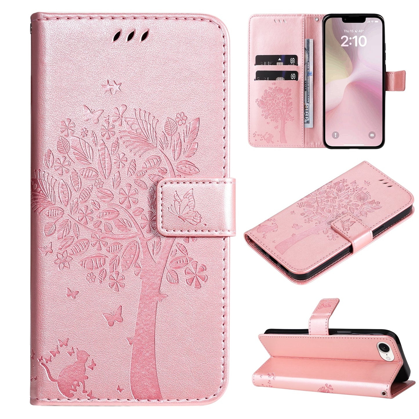 For iPhone 16e Tree & Cat Embossed Pattern Flip Leather Phone Case(Rose Gold)
