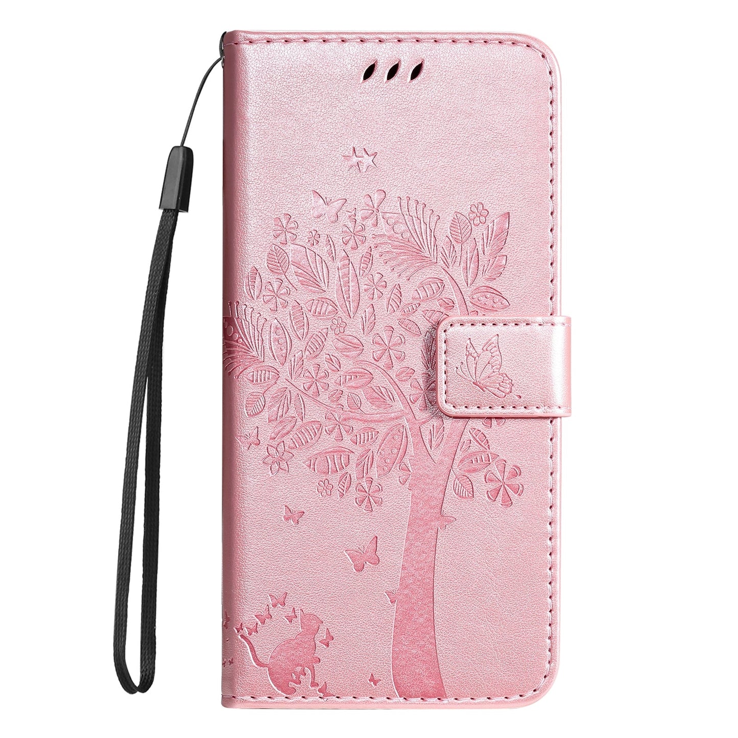 For iPhone 16e Tree & Cat Embossed Pattern Flip Leather Phone Case(Rose Gold)