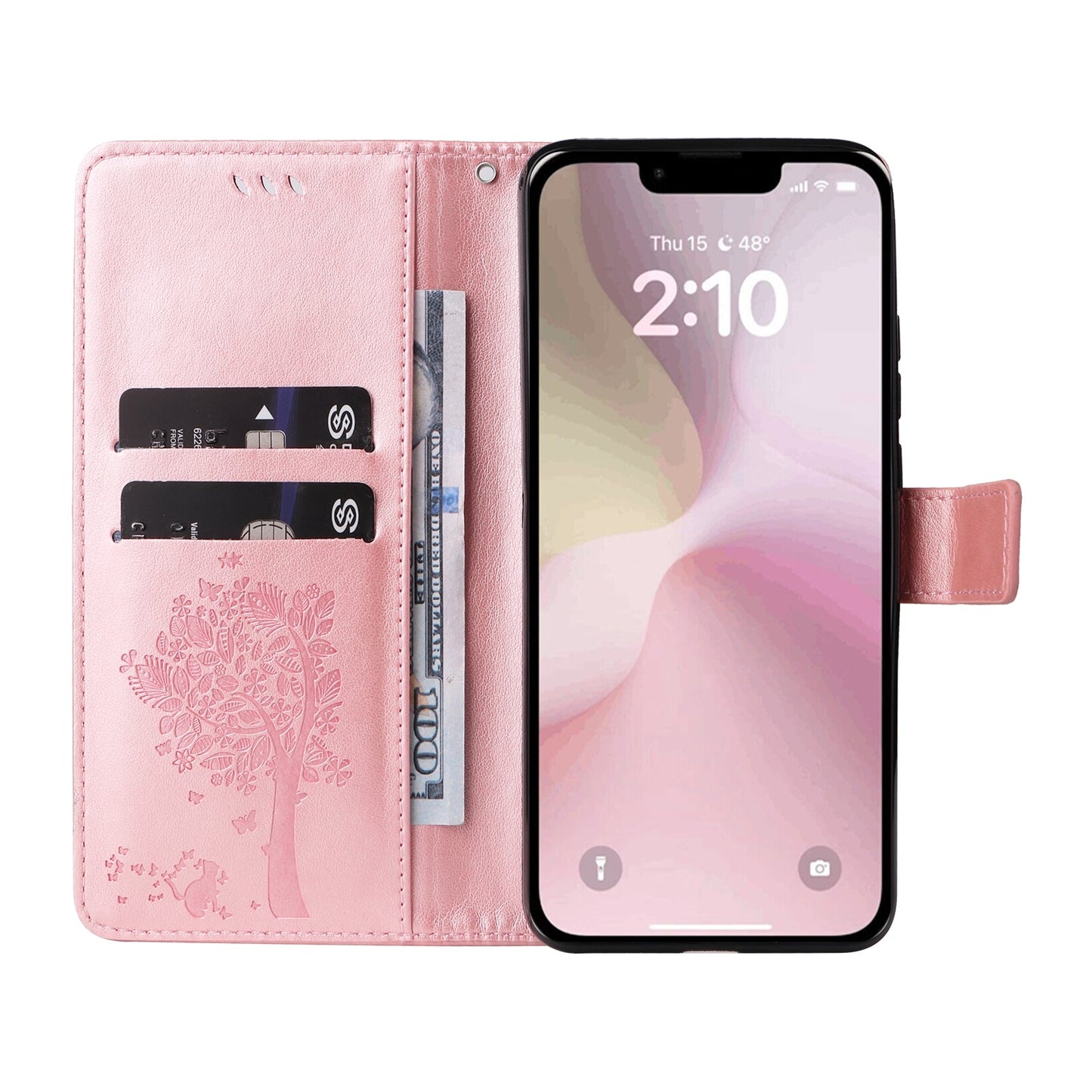 For iPhone 16e Tree & Cat Embossed Pattern Flip Leather Phone Case(Rose Gold)