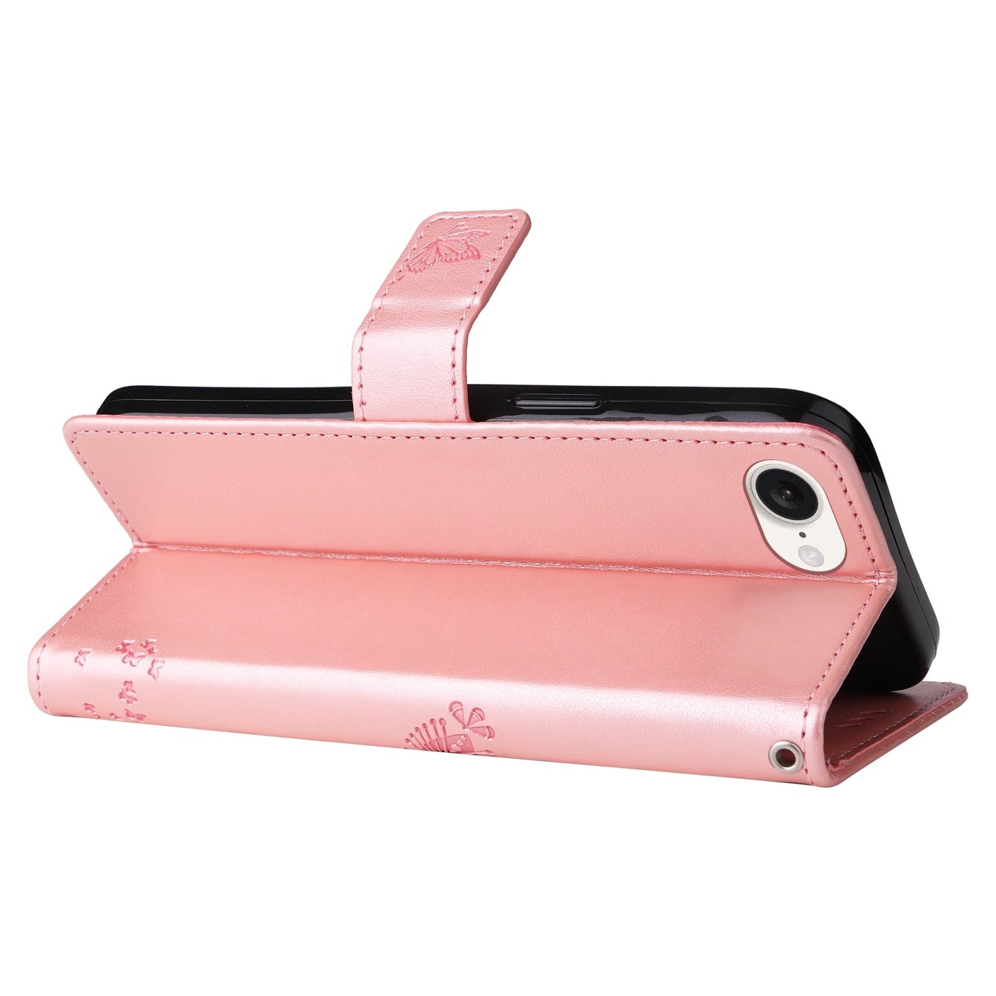 For iPhone 16e Tree & Cat Embossed Pattern Flip Leather Phone Case(Rose Gold)