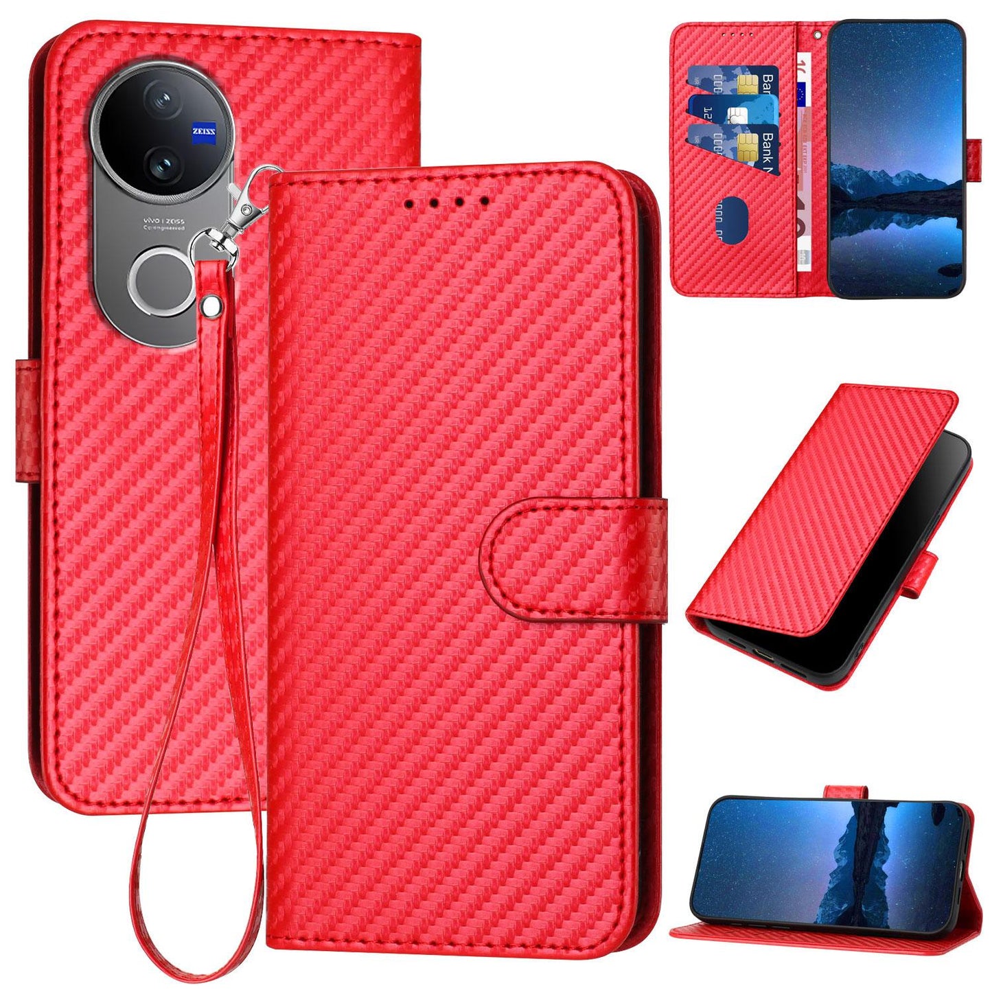 For vivo V50 YX0070 Carbon Fiber Buckle Leather Phone Case with Lanyard(Red)