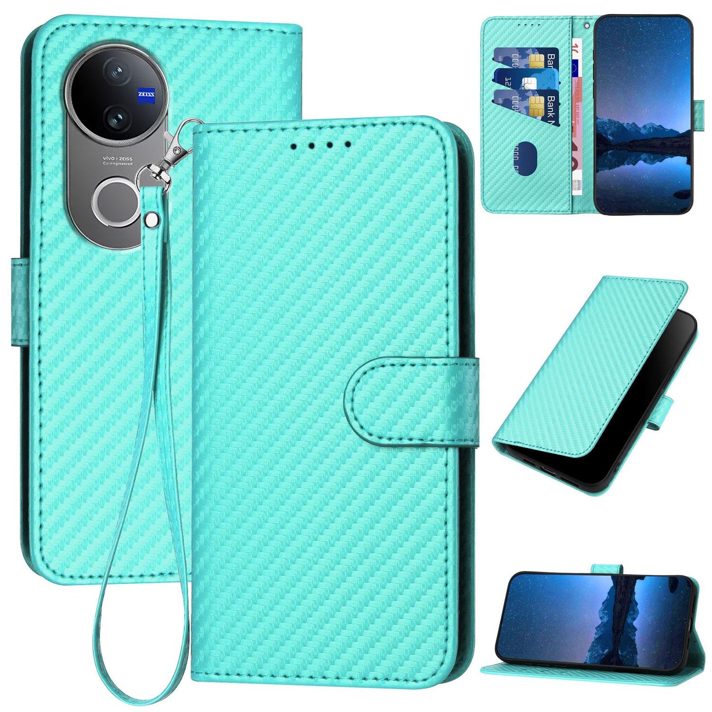For vivo V50 YX0070 Carbon Fiber Buckle Leather Phone Case with Lanyard(Light Blue)