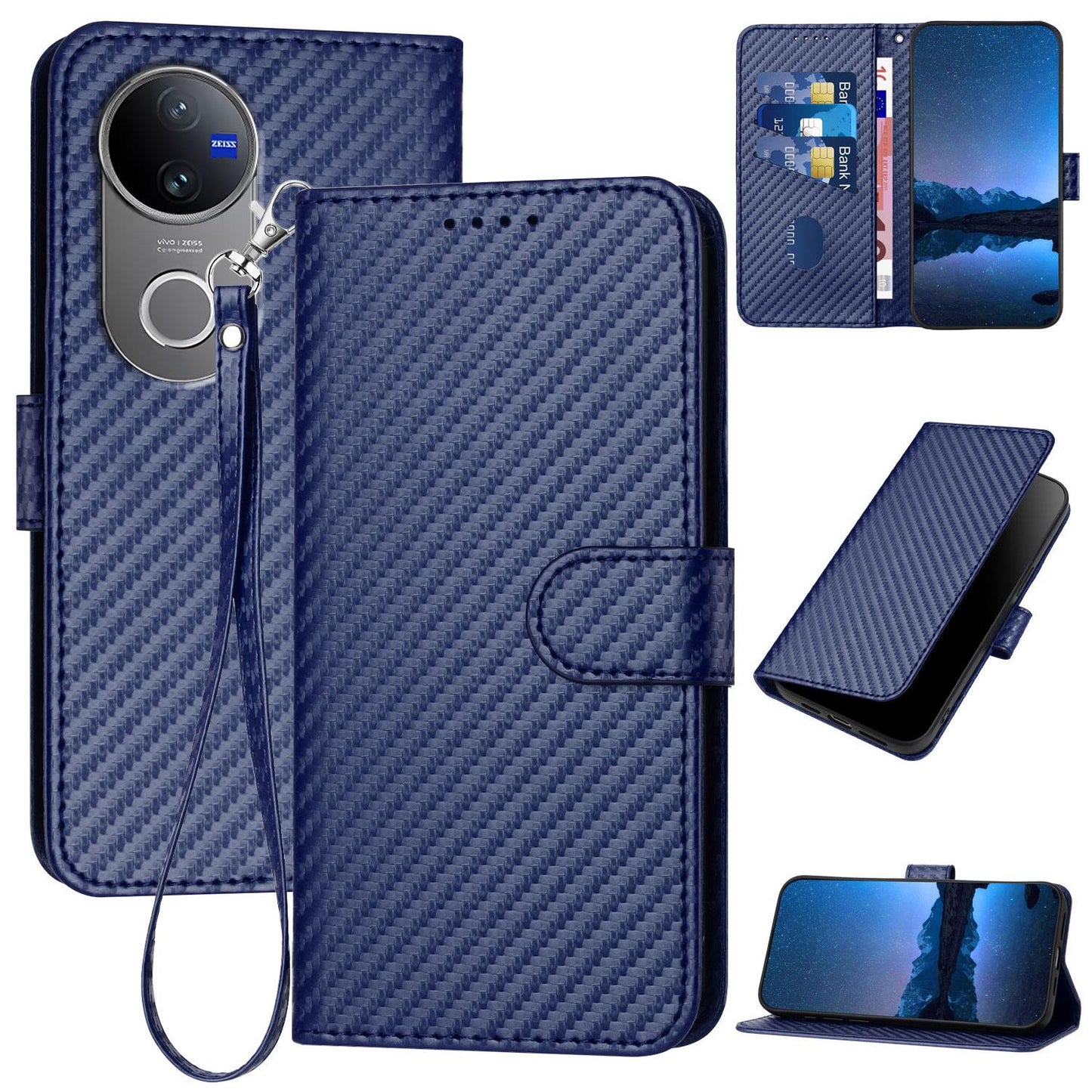For vivo V50 YX0070 Carbon Fiber Buckle Leather Phone Case with Lanyard(Royal Blue)