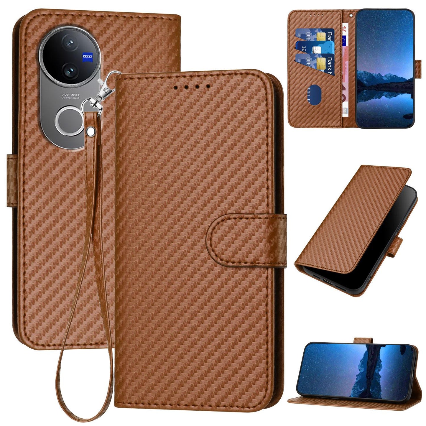 For vivo V50 YX0070 Carbon Fiber Buckle Leather Phone Case with Lanyard(Coffee)